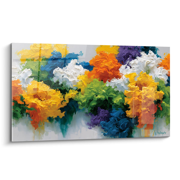 Tableau Bouquet foisonnant orange et vert émeraude - Éclosion printanière - Edition Multicolore abstrait