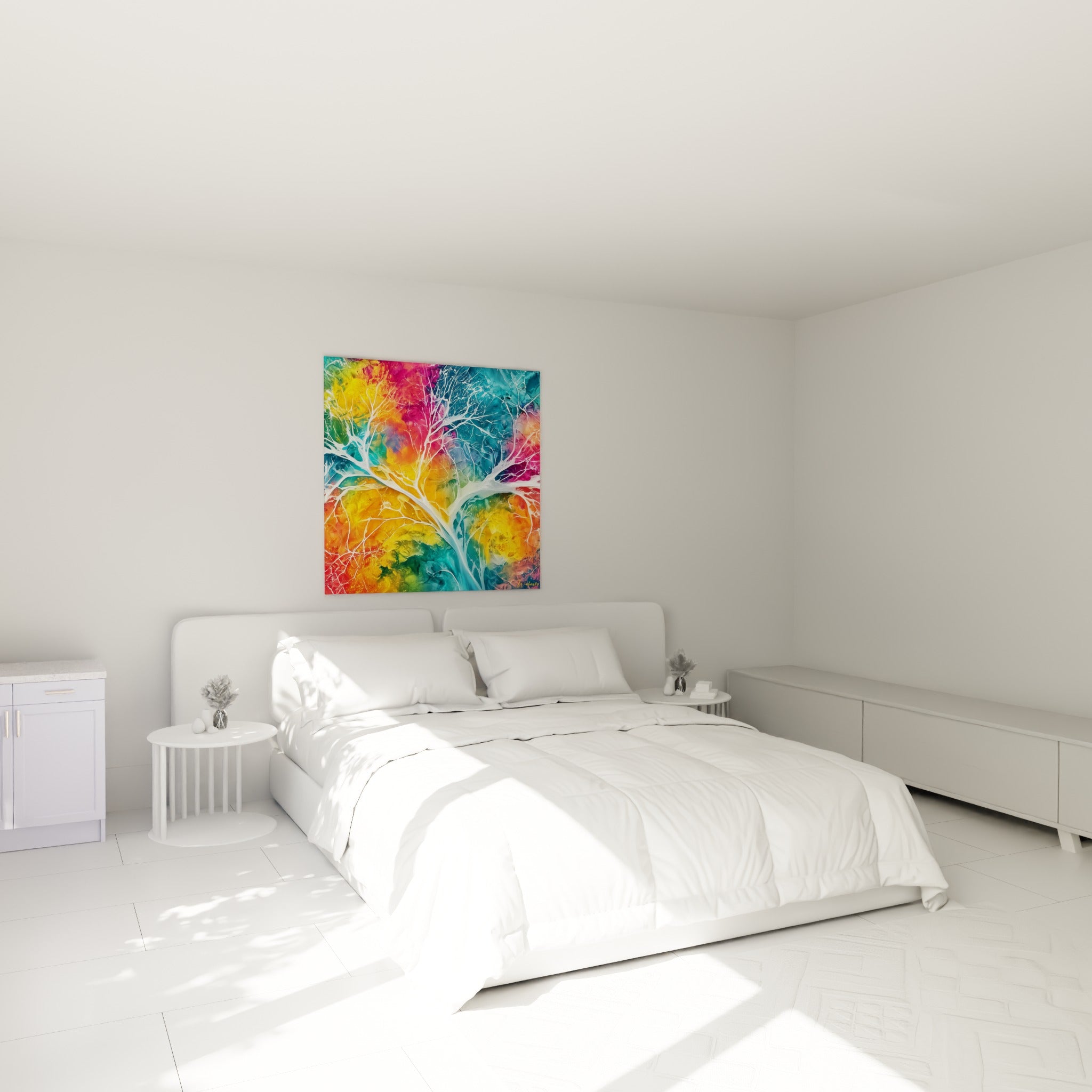 Ramifications blanches sur fond orange et bleu, tableau Multicolore abstrait au-dessus d'un lit dans une chambre claire