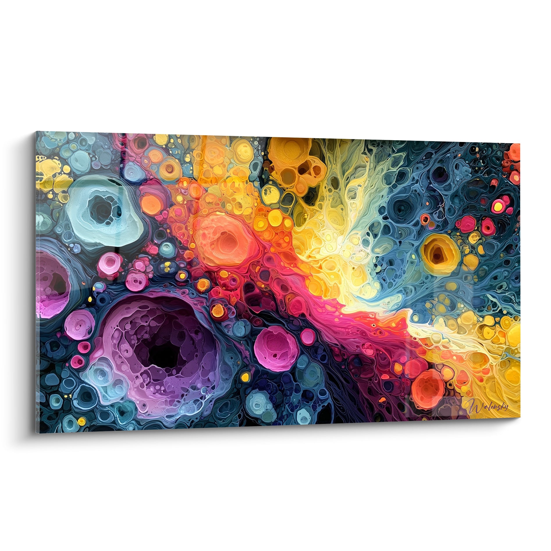 Bulles fluides bleu pétrole, orange et violet composant ce tableau multicolore abstrait aux formes organiques