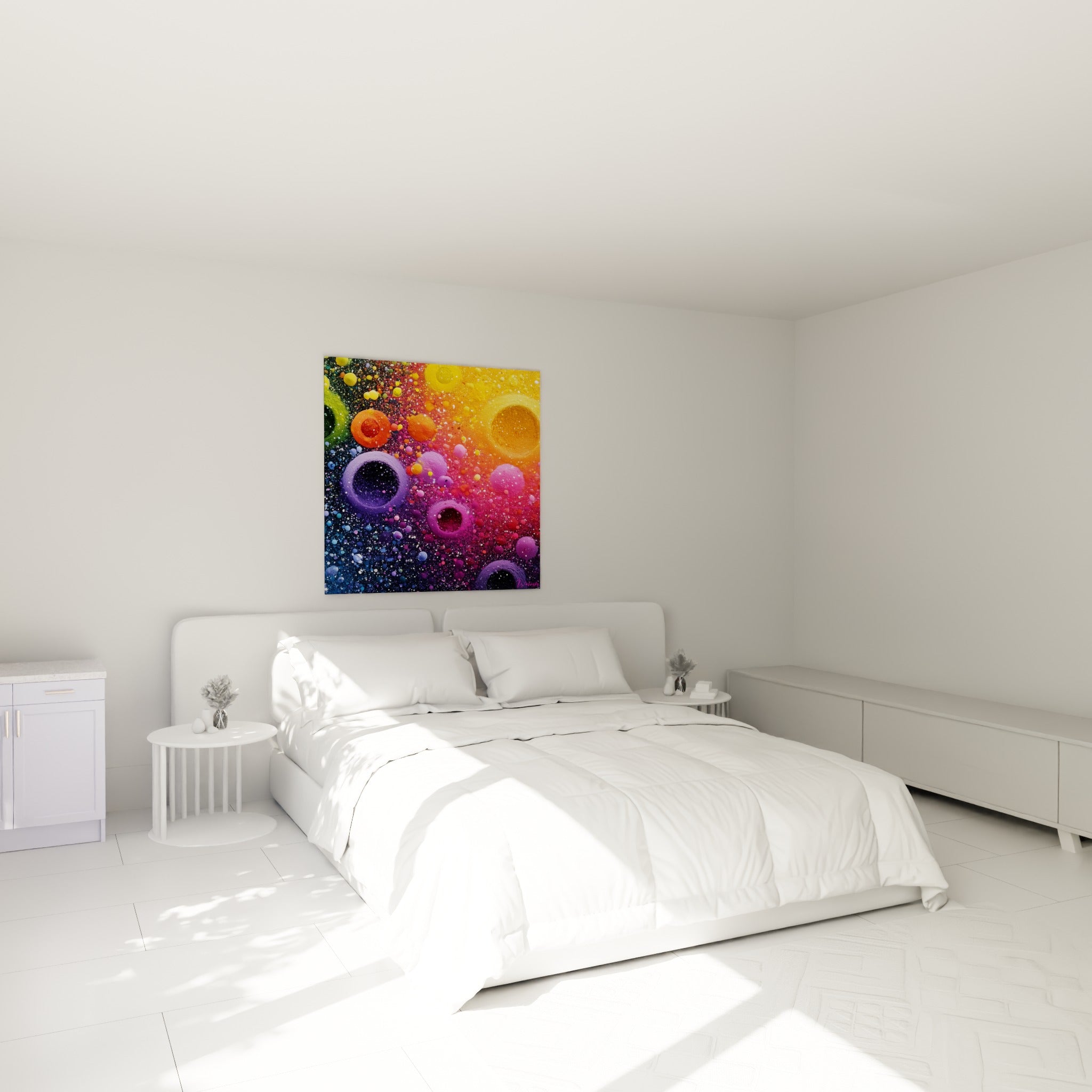 Bulles dorées et pourpres au grain épais, Multicolore abstrait au-dessus d'un lit dans une chambre claire