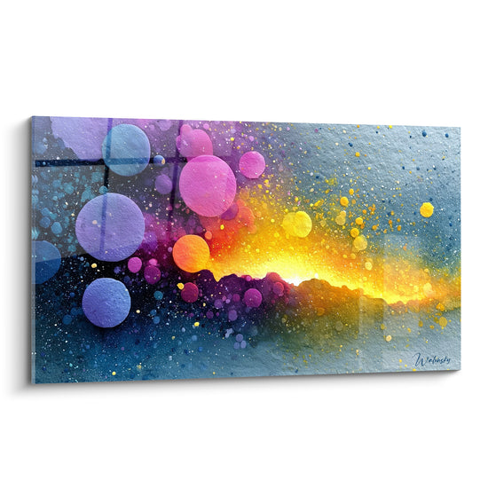 Bulles bleues et violettes flottant devant un éclat doré central, tableau multicolore abstrait sur fond anthracite