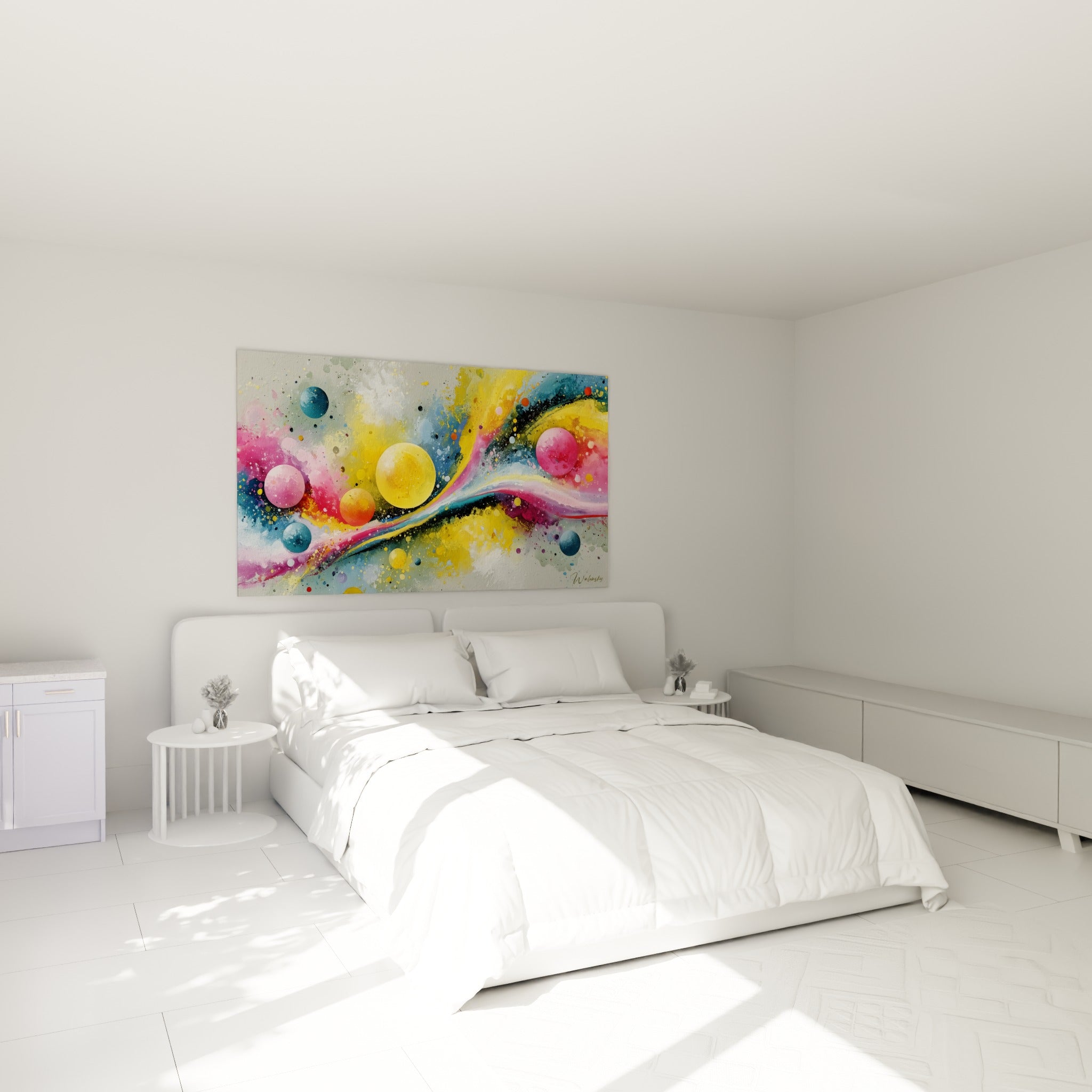 Bulles dorées et roses en apesanteur sur éclaboussures colorées, au-dessus d'un lit dans une chambre claire