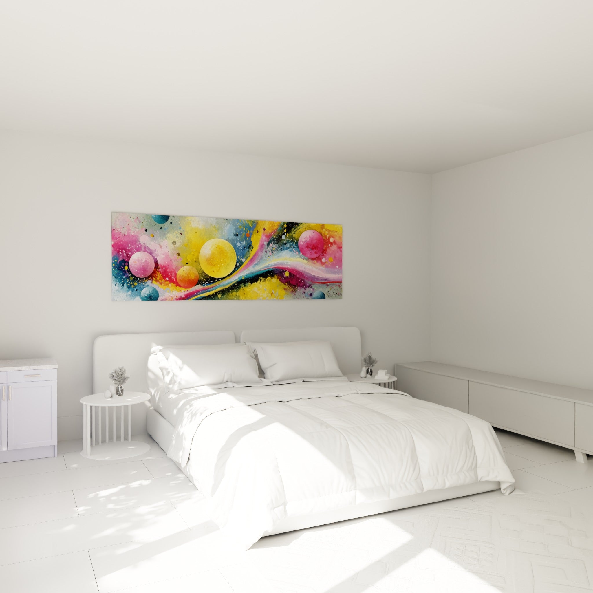 Bulles jaunes et roses en tourbillon coloré, tableau Multicolore abstrait au-dessus d'un lit dans une chambre claire