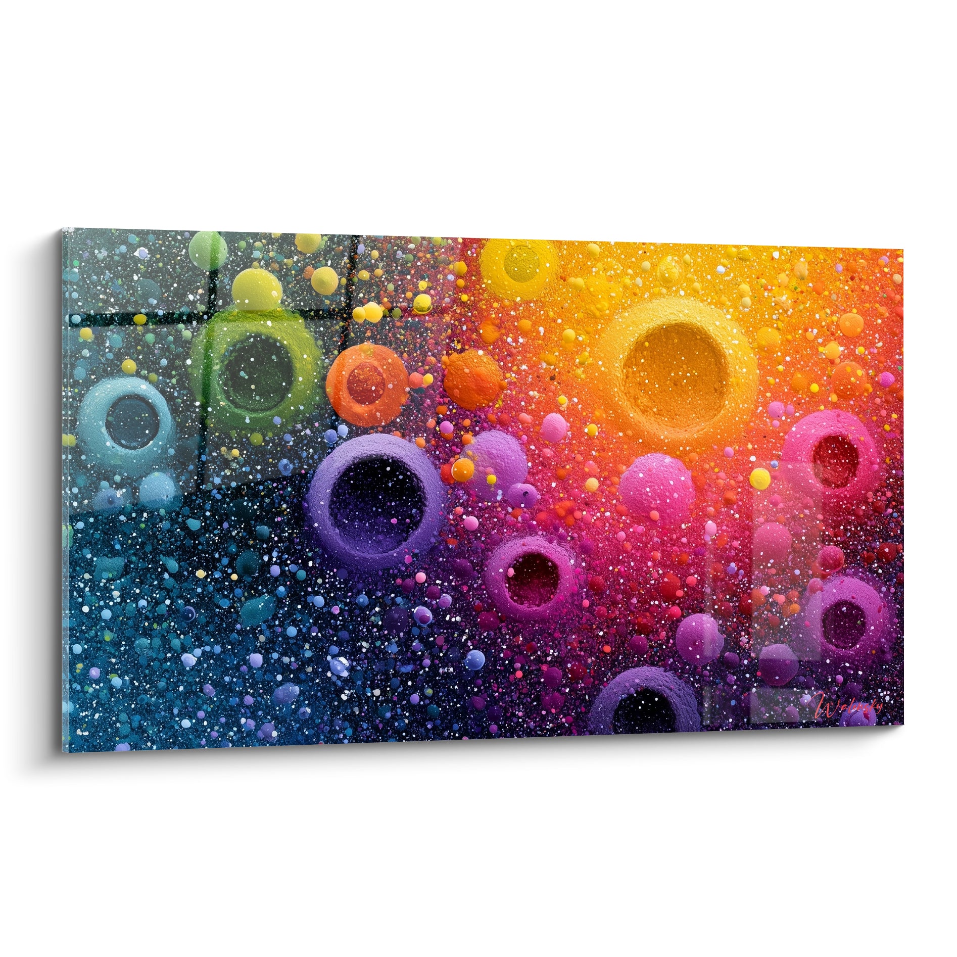 Sphères granuleuses orange, violet et bleu marine éclatant sur fond scintillant dans ce tableau abstrait