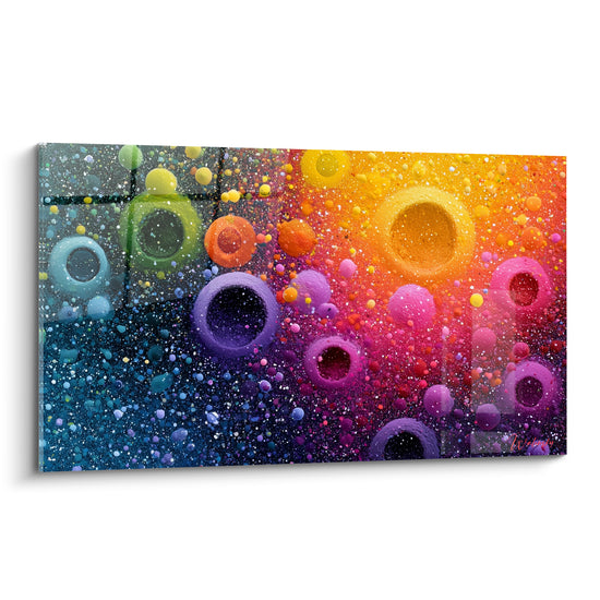Sphères granuleuses orange, violet et bleu marine éclatant sur fond scintillant dans ce tableau abstrait