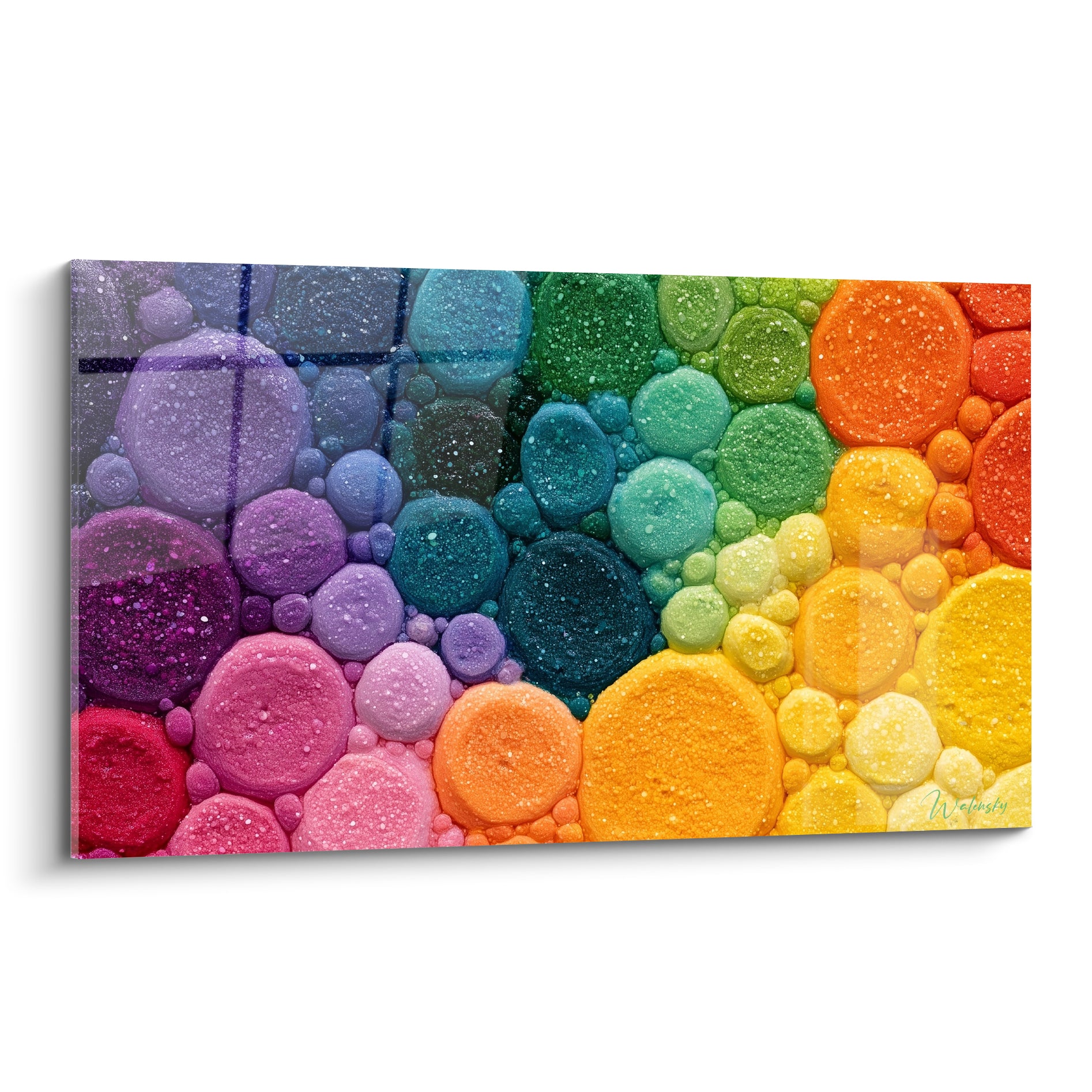 Bulles pigmentées violettes, oranges et bleu sarcelle en grille dense sur toile texturée