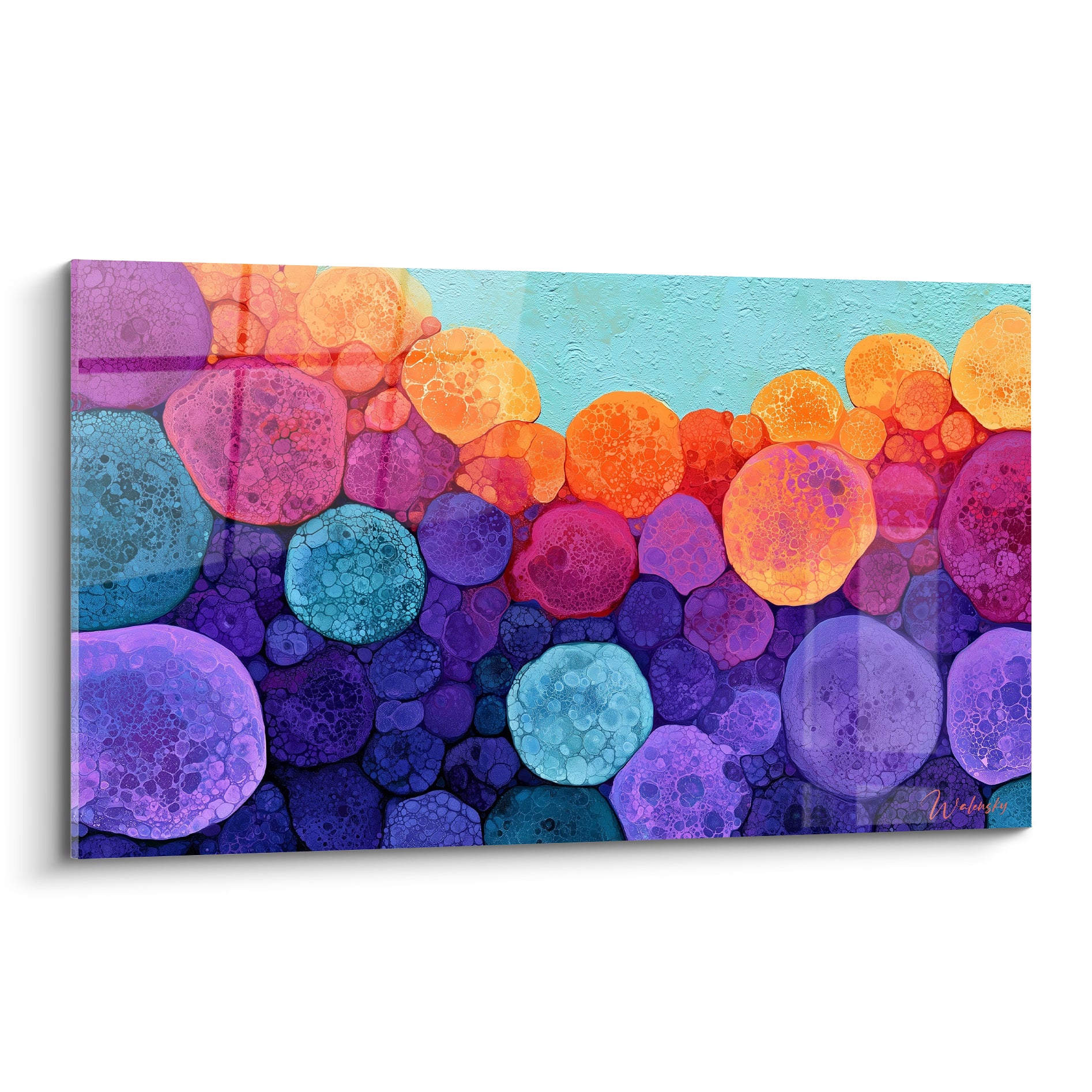 Bulles violettes, orangées et turquoise texturées composent ce tableau multicolore abstrait organique