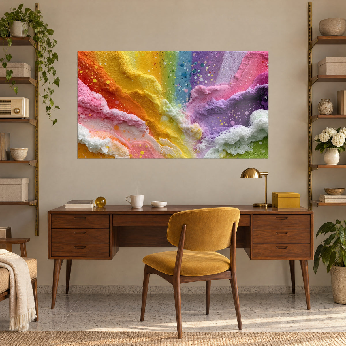 Quadro colate di pasta pastello, bianco neve, rosa e verde mela, con volute spesse, appeso dietro una scrivania in legno