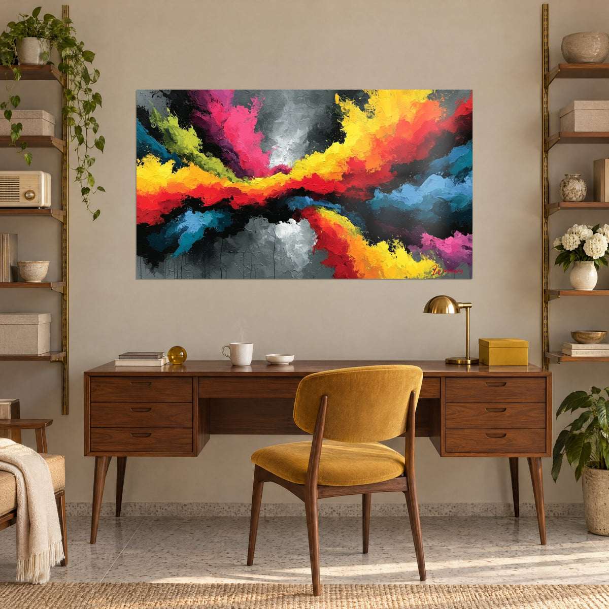 Quadro colata di pittura gialla e rossa su fondo nero e grigio, appeso sopra una scrivania in legno e delle librerie