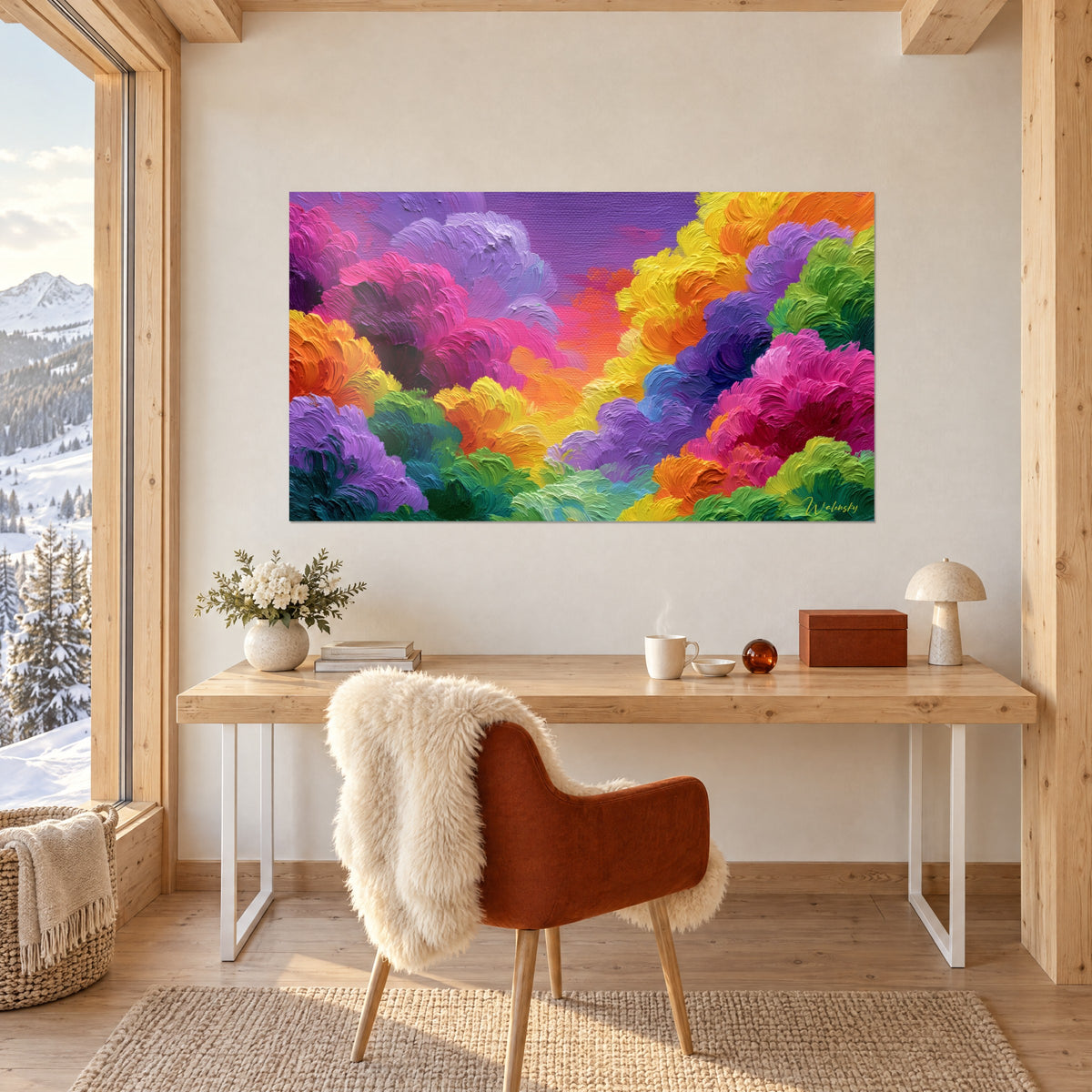 Gemälde mit einem Strauß bunter Wolken in tiefem Purpur und Apfelgrün, über einem hellen Holzschreibtisch aufgehängt