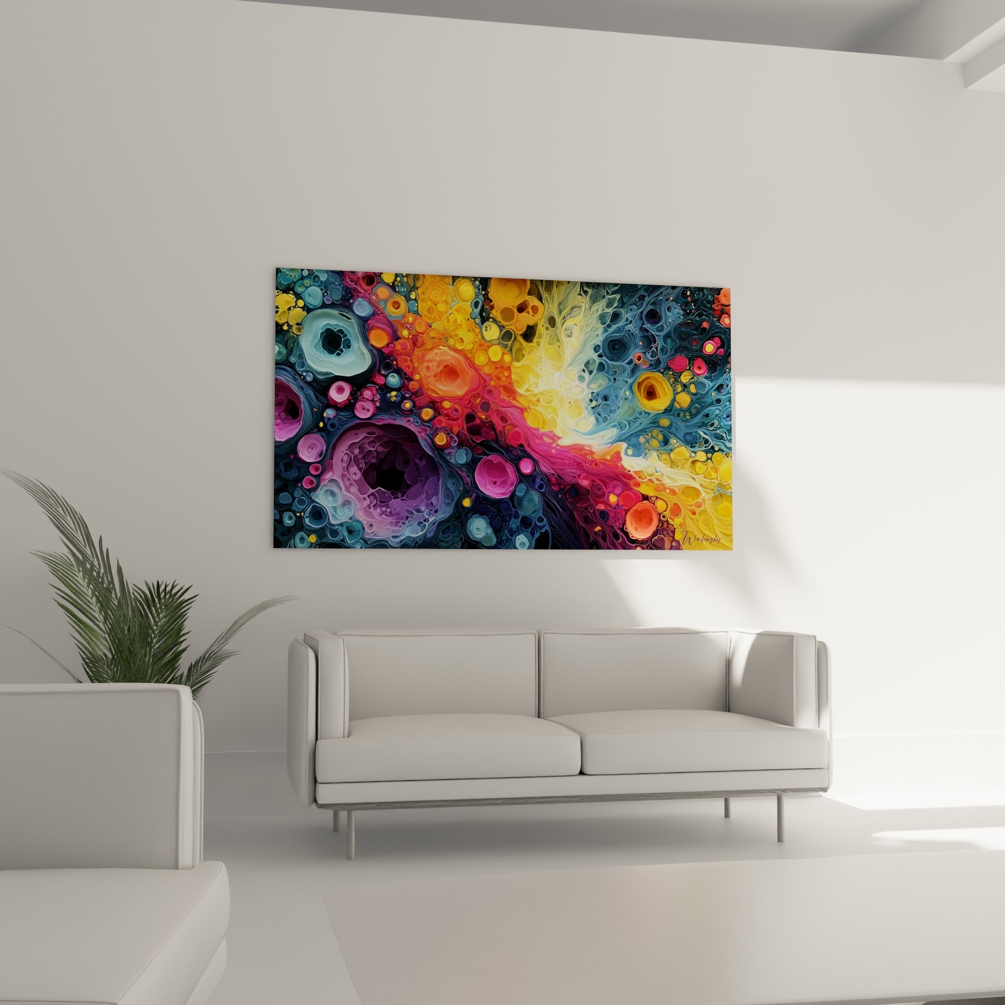Alvéoles turquoise et fuchsia de ce tableau multicolore abstrait au-dessus d'un canapé dans un salon lumineux
