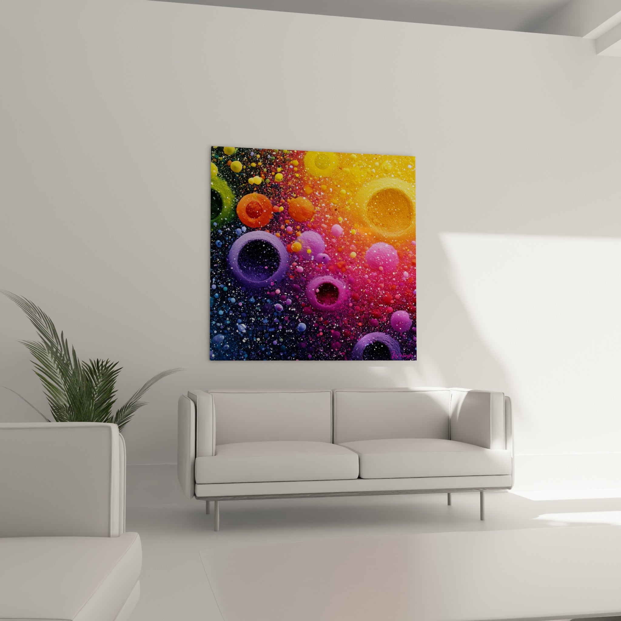 Cercles bleu nuit et jaune éclatant du tableau Multicolore abstrait au-dessus d'un canapé dans un salon lumineux