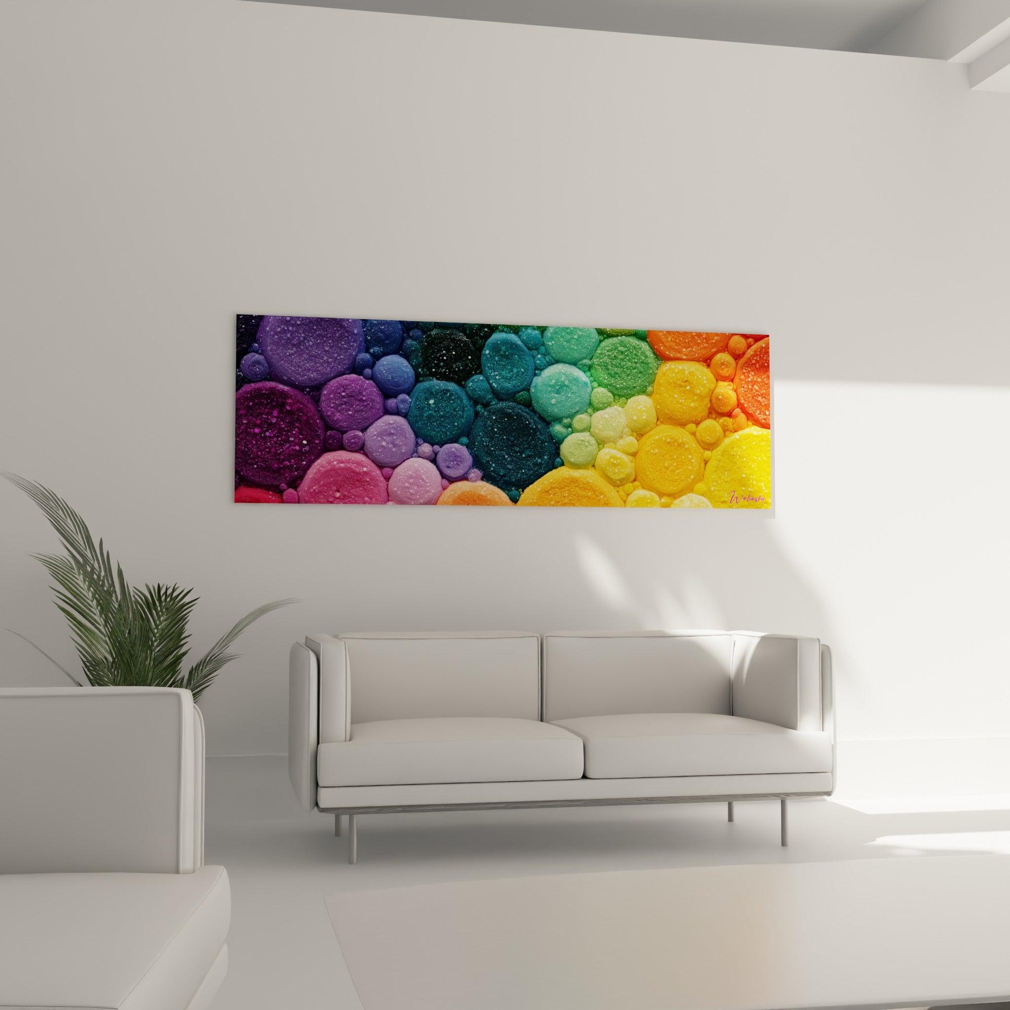 Cercles texturés magenta, vert sauge et terracotta en dégradé, au-dessus d'un canapé dans un salon lumineux