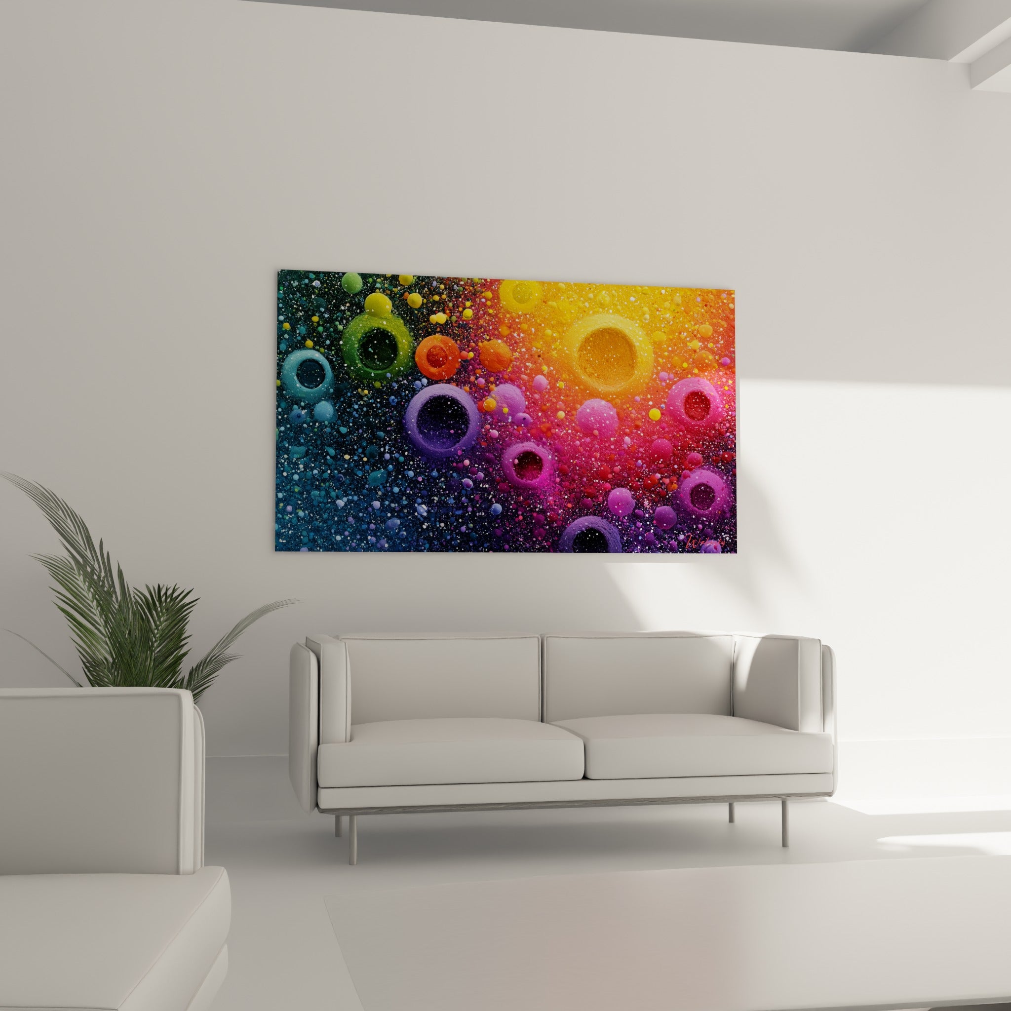 Cercles orange et bleu profond en relief formant ce tableau abstrait au-dessus d'un canapé dans un salon lumineux