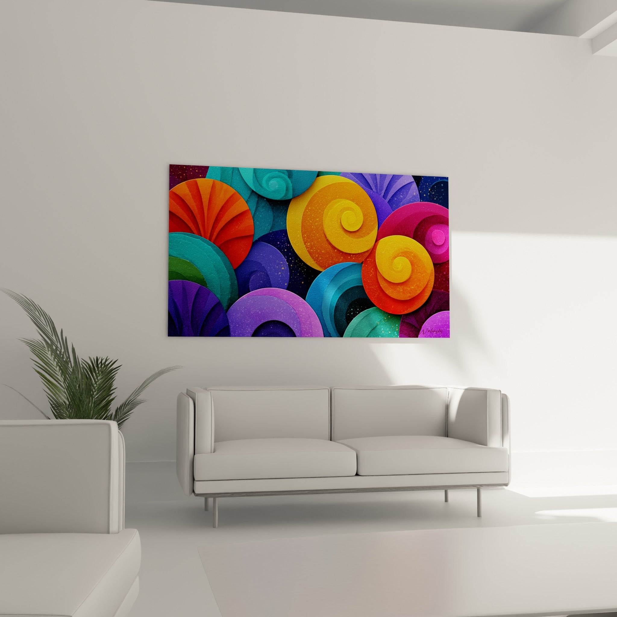 Cercles violets et jaune safran de ce tableau multicolore abstrait suspendus au-dessus d'un canapé dans un salon lumineux