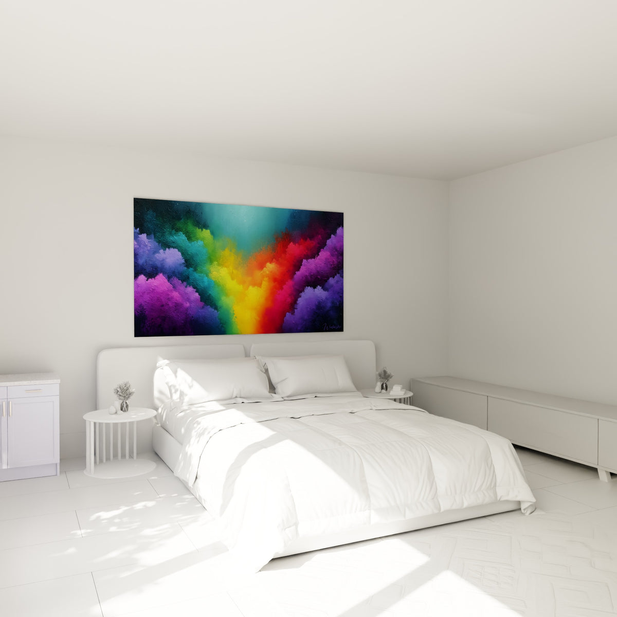 Explosion chromatique violet et rouge illuminant une chambre claire au-dessus du lit