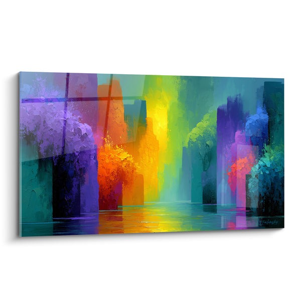Tableau Cité verticale aux teintes violettes et dorées - Passage lumineux - Edition Multicolore abstrait