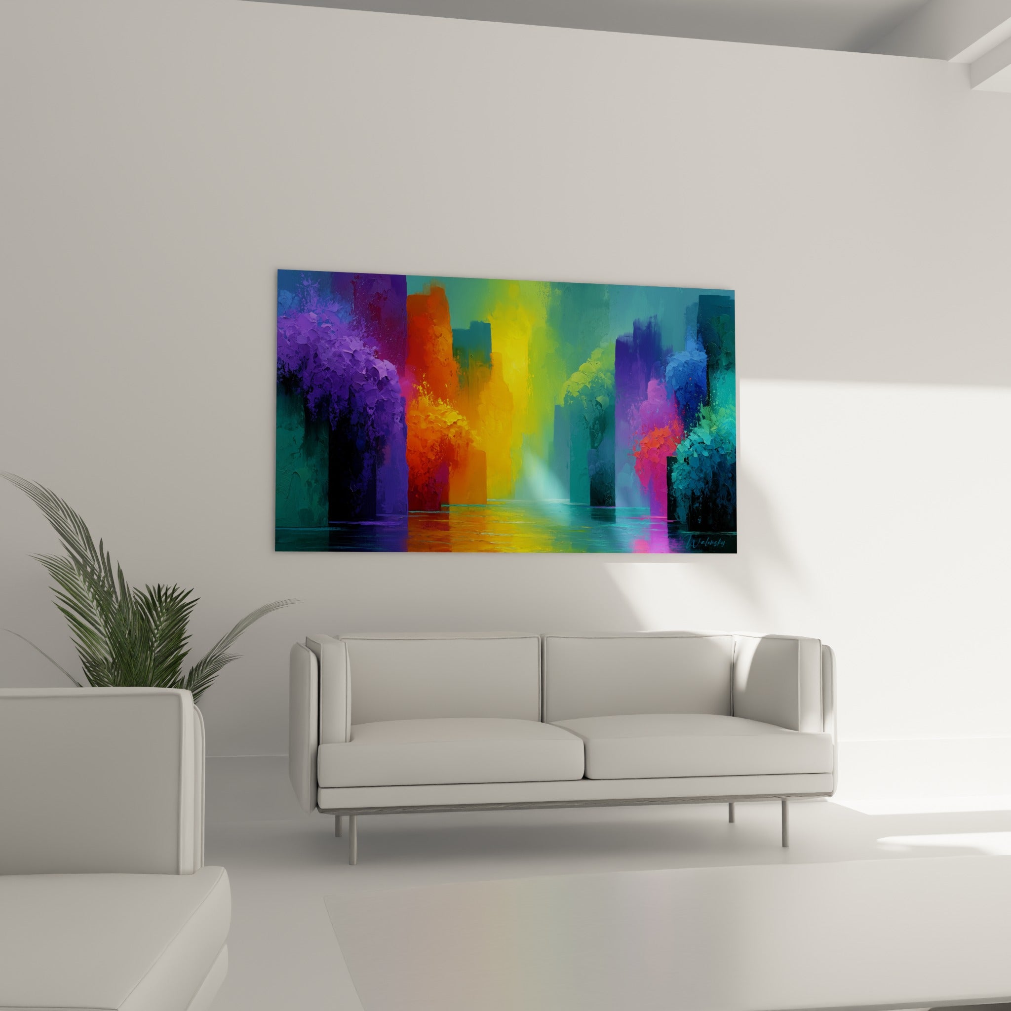 Colonnes turquoise et jaune doré d'un tableau multicolore abstrait au-dessus d'un canapé dans un salon lumineux