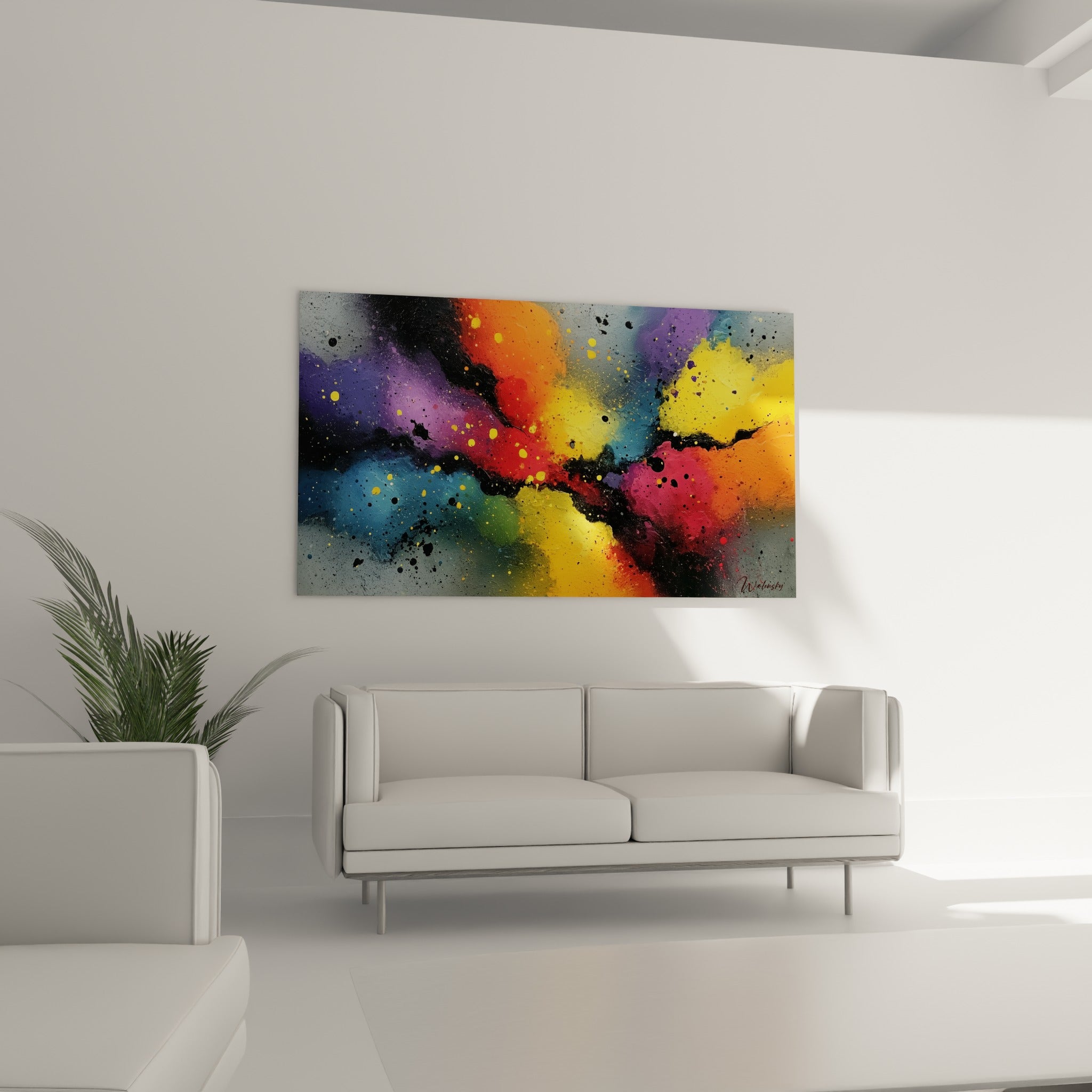 Composition multicolore abstraite jaune et terracotta au-dessus d'un canapé dans un salon lumineux