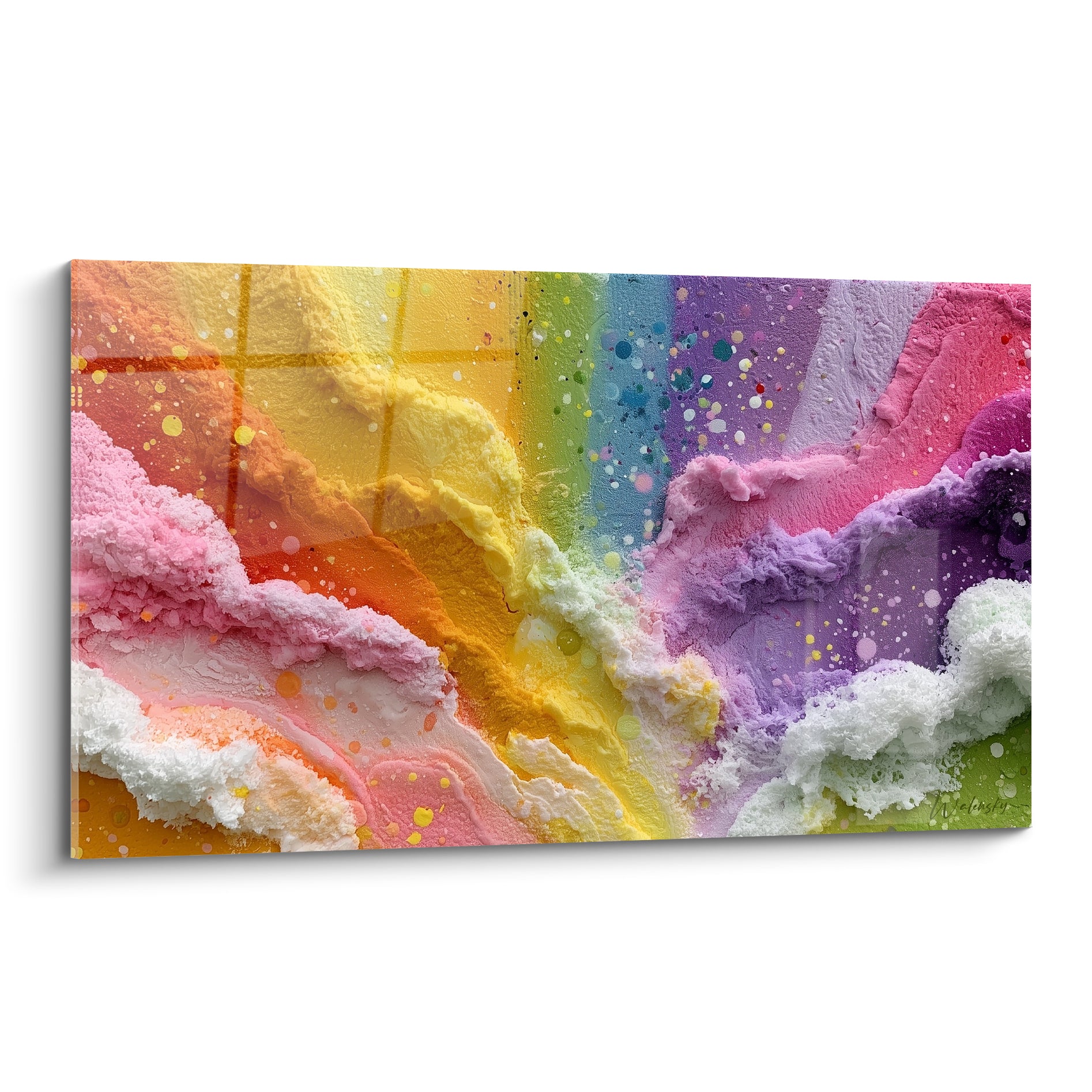 Coulées roses et jaunes en relief façon crème glacée, tableau Multicolore abstrait texturé