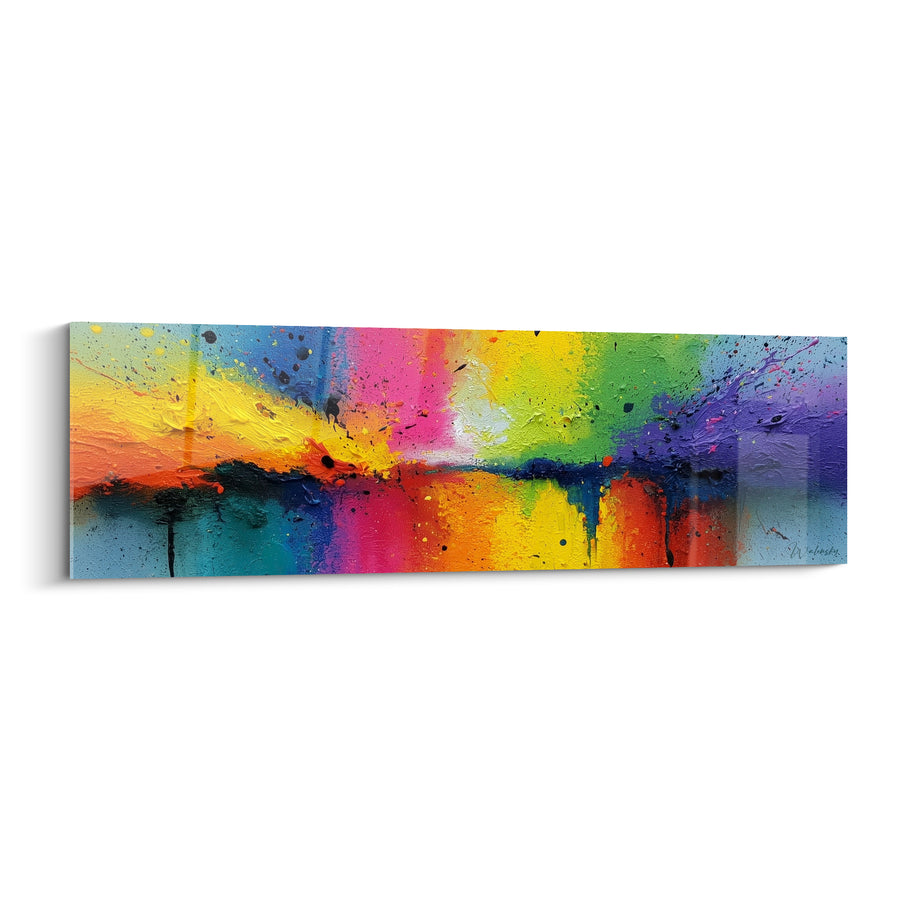 Tableau Horizon rose et jaune sous ligne noire coulée - Bande panoramique étroite - Edition Multicolore abstrait