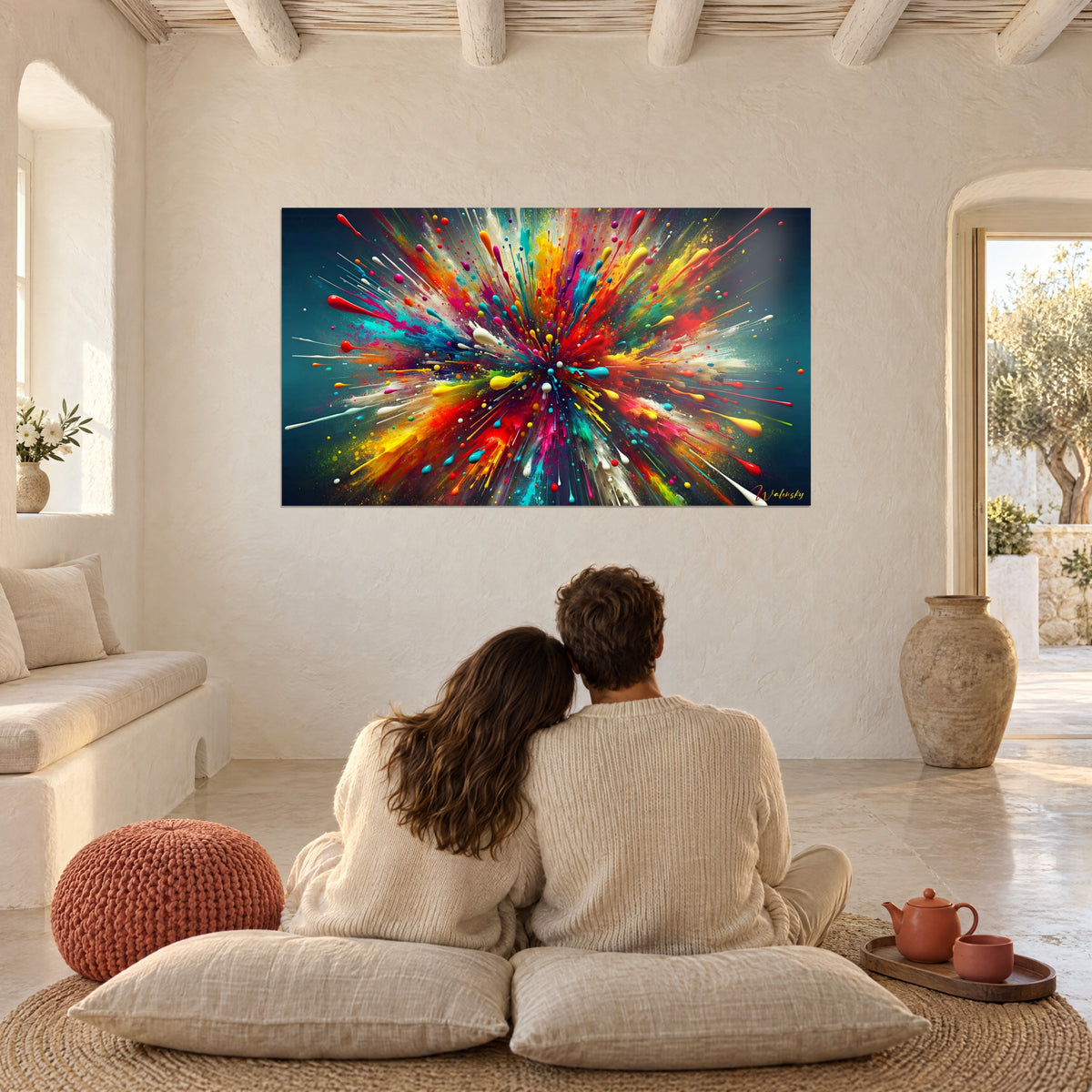 Tableau abstrait en éruption chromatique, éclats rouges, jaunes et turquoise, face à un couple assis sur des coussins crème