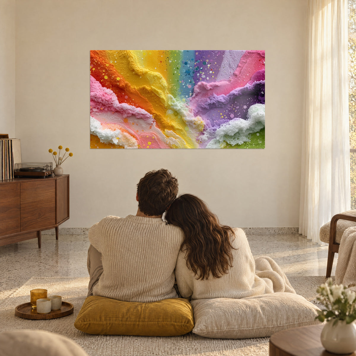 Quadro mare di ghiaccio dai colori vivaci, giallo limone, rosa e lilla, gocce in rilievo, di fronte a una coppia seduta su cuscini