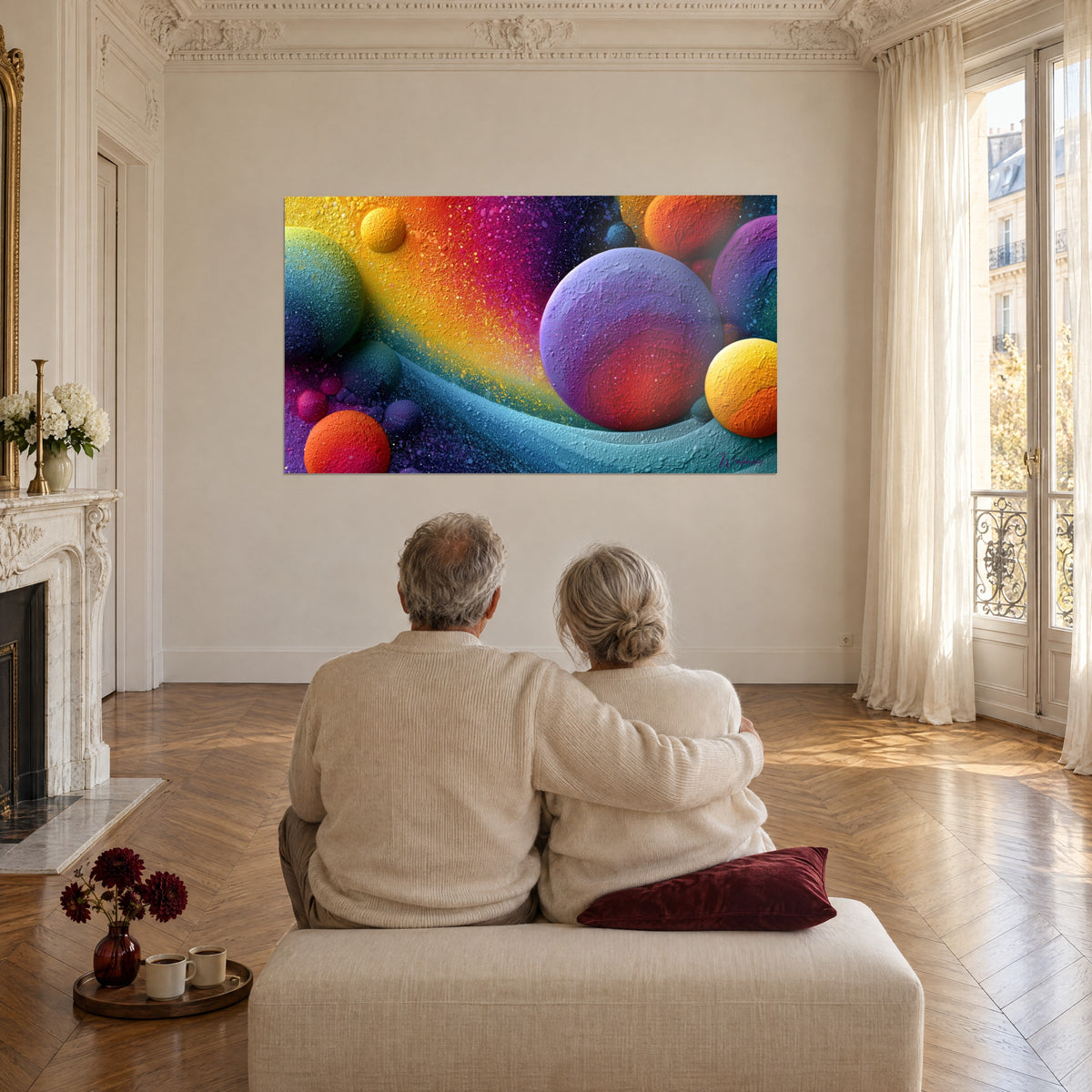 Tableau naissance d'astres en pâte colorée, violet et orange vifs, couple de dos enlacé sur un pouf, salon haussmannien