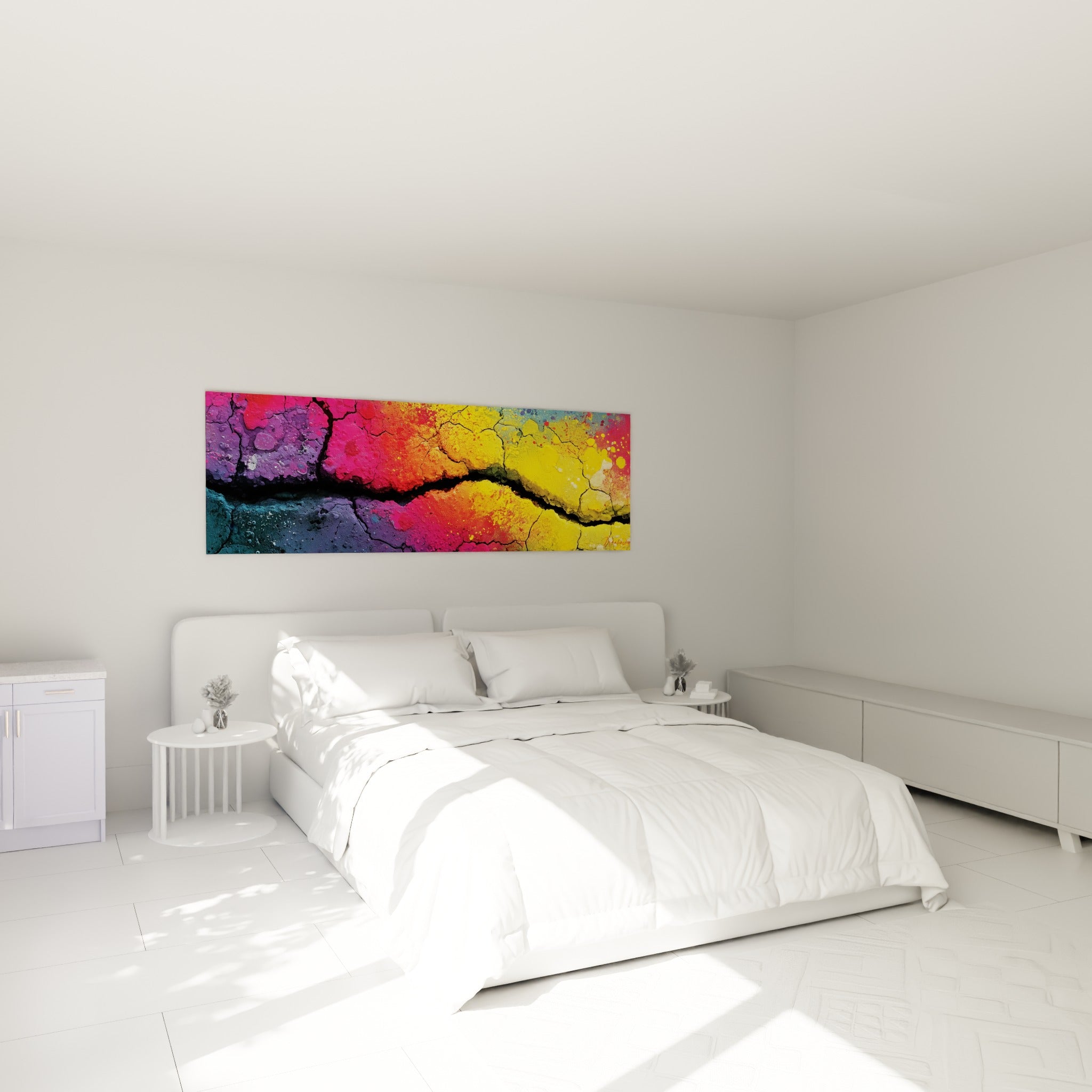 Explosion chromatique jaune et violette du Multicolore abstrait au-dessus d'un lit dans une chambre claire