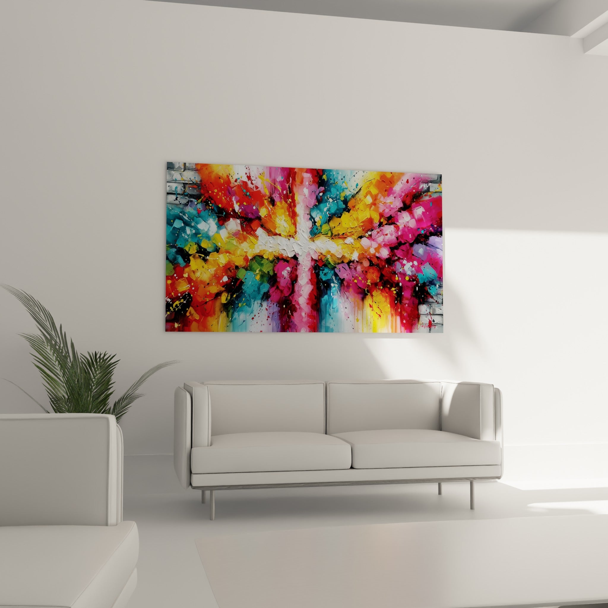 Déflagration colorée multicolore abstrait, turquoise et orangé fusionnés, au-dessus d'un canapé dans un salon lumineux