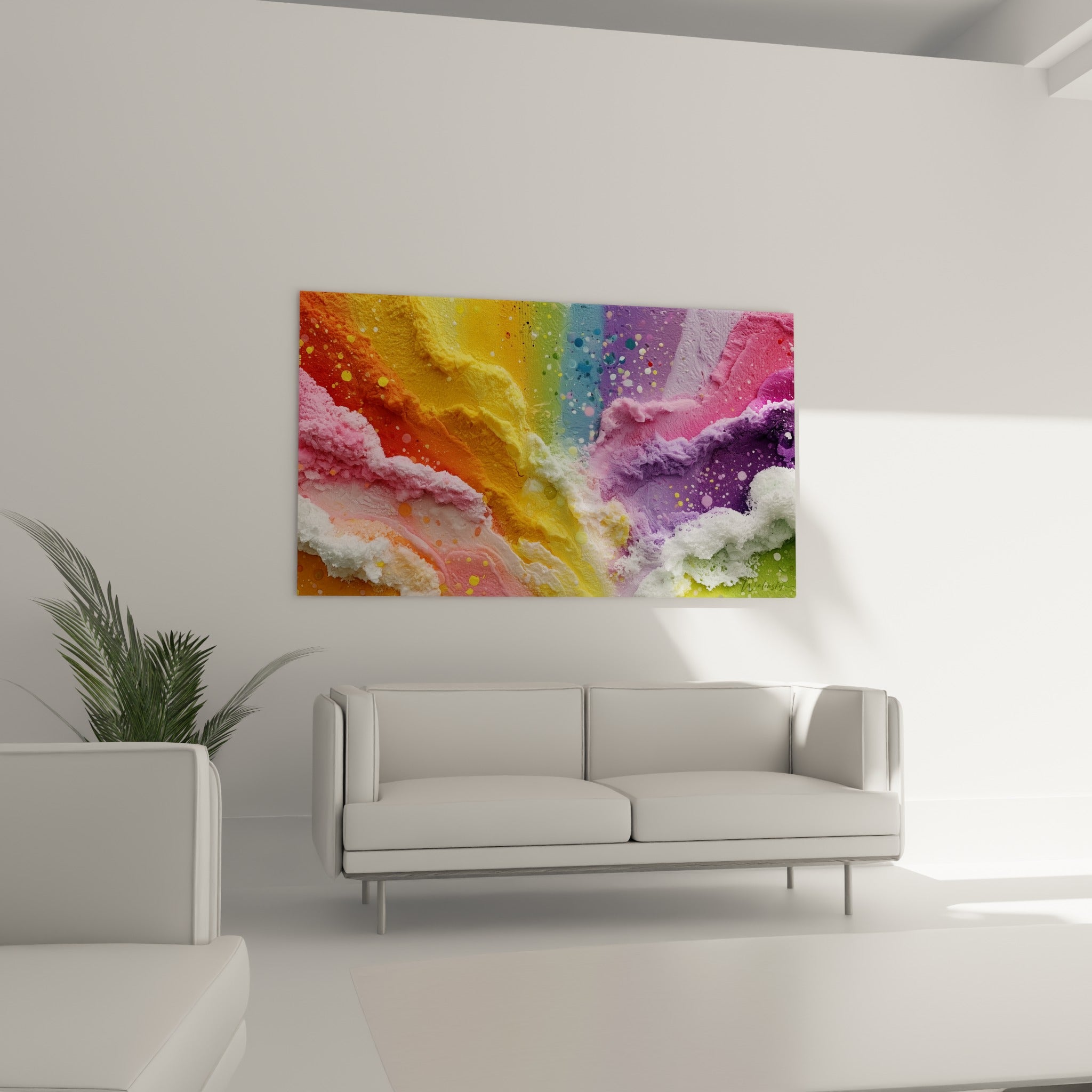 Dégradé arc-en-ciel crémeux, tableau Multicolore abstrait au-dessus d'un canapé dans un salon lumineux
