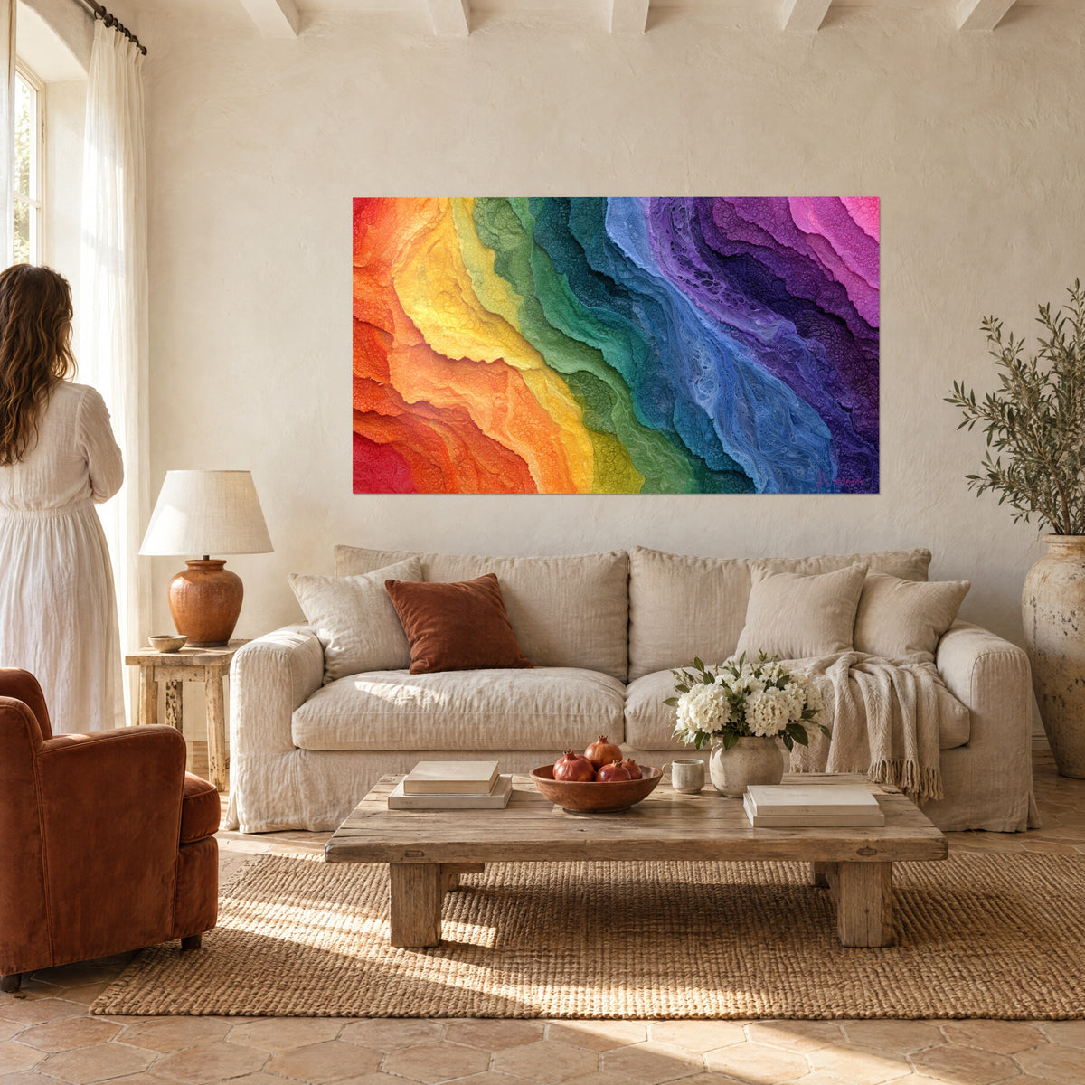 Schilderij met golvende strepen in oranje, geel en blauw met korrelig reliëf, vrouw van achteren, boven een bank in een lichte woonkamer