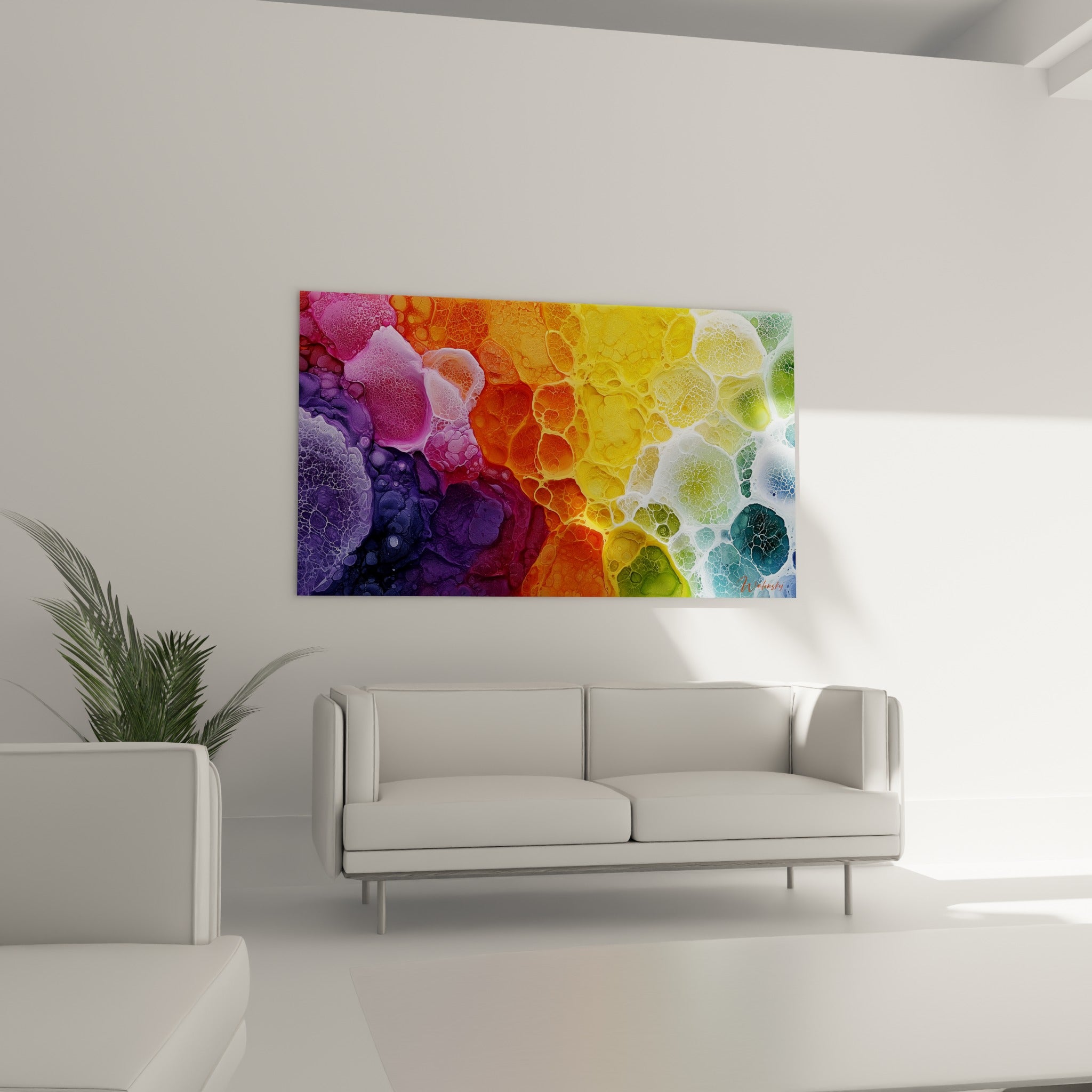 Formes cellulaires dorées et émeraude de Multicolore abstrait au-dessus d'un canapé dans un salon lumineux