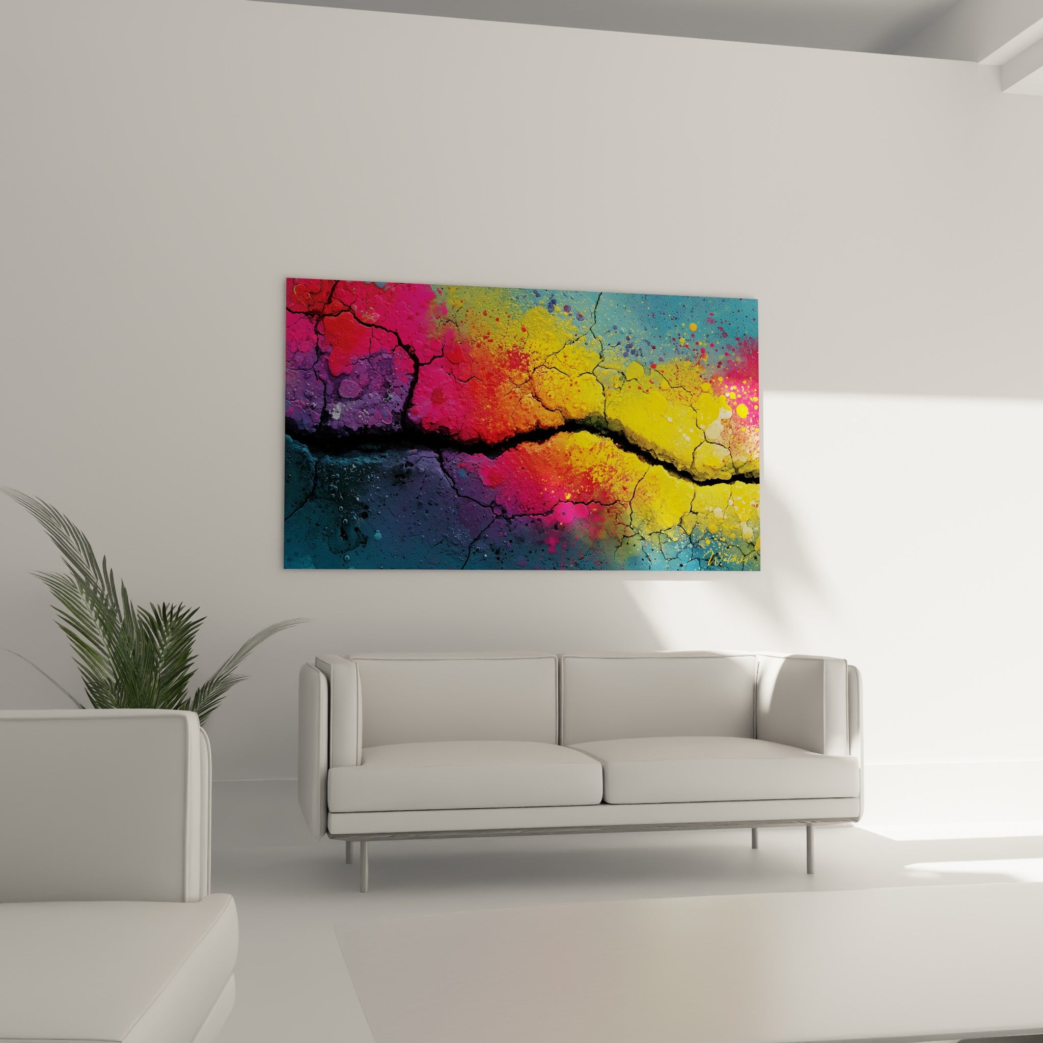 Dégradé jaune safran et violet du tableau multicolore abstrait au-dessus d'un canapé dans un salon lumineux