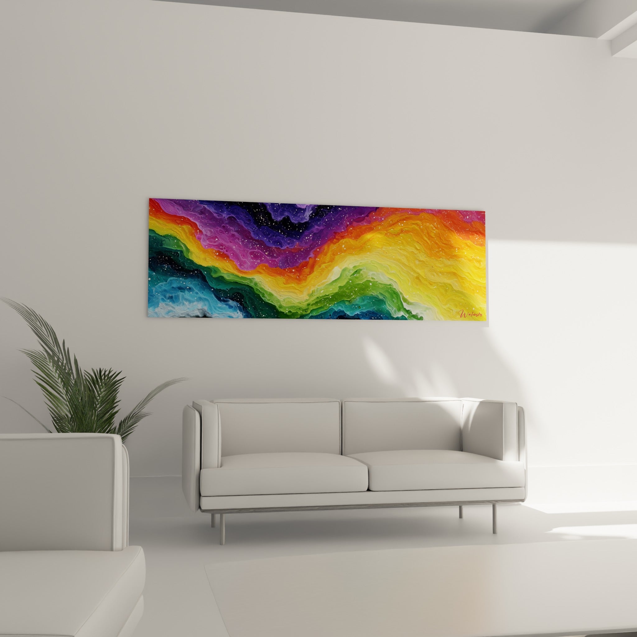 Nuances orange et vertes fusionnant sur ce tableau multicolore abstrait au-dessus d'un canapé dans un salon lumineux