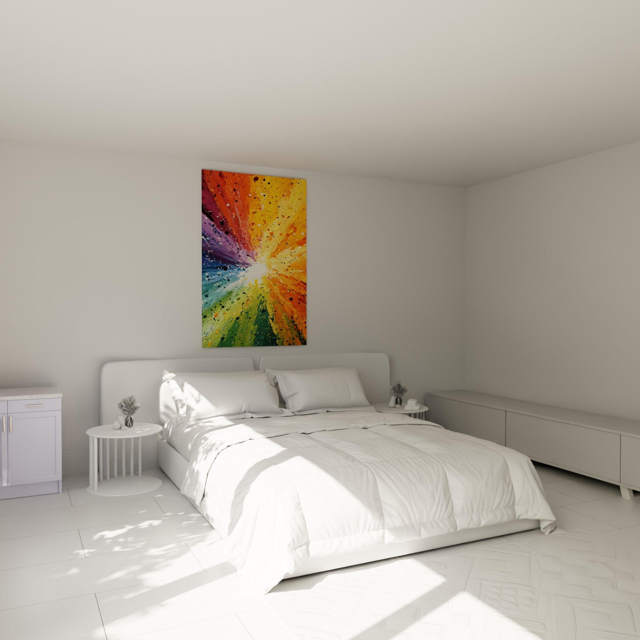 Composition abstraite orange et vert éclatant, accrochée au-dessus d'un lit dans une chambre claire