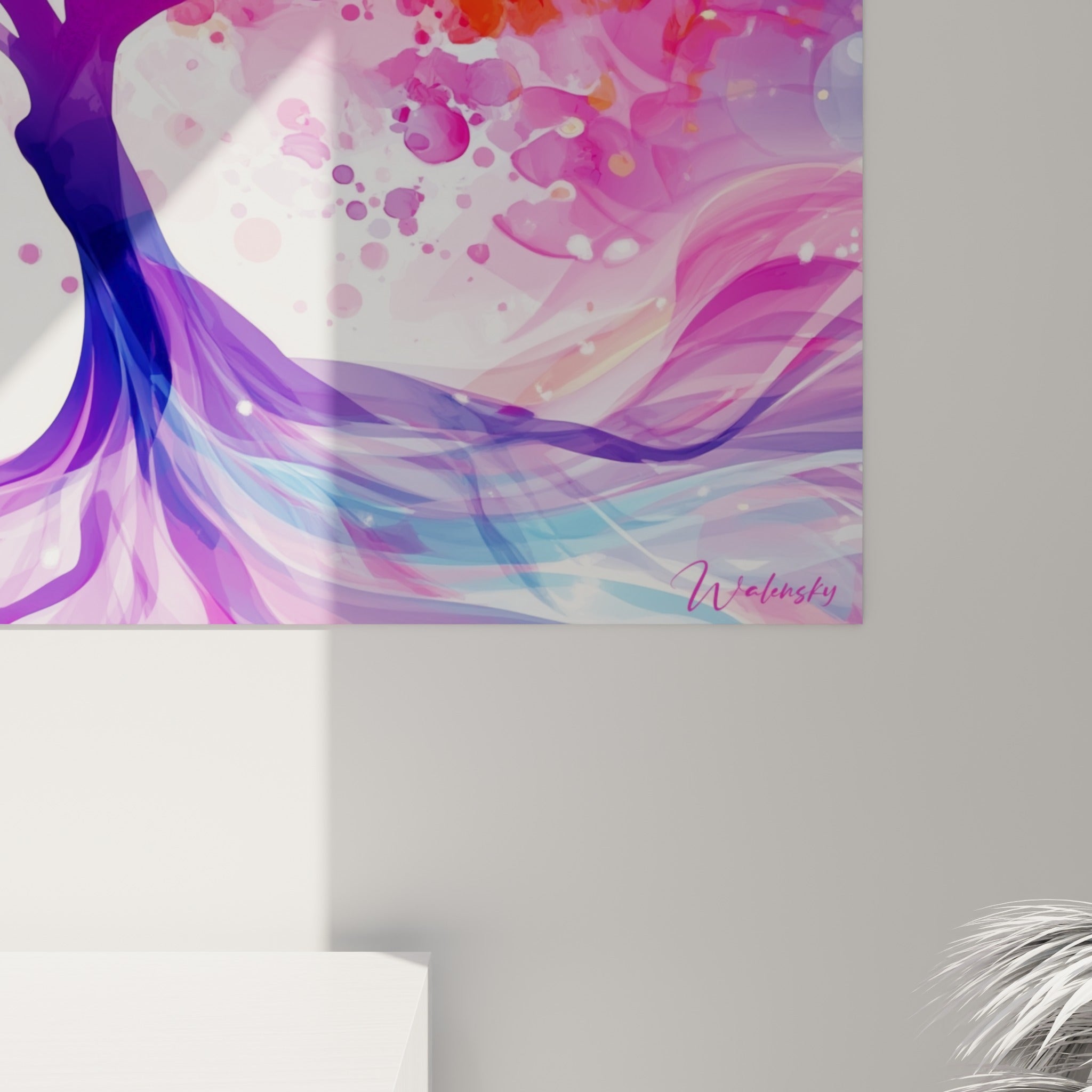 Détail des empâtements violet et rose de l'arbre, coulures aquarelle et grain visible de la toile