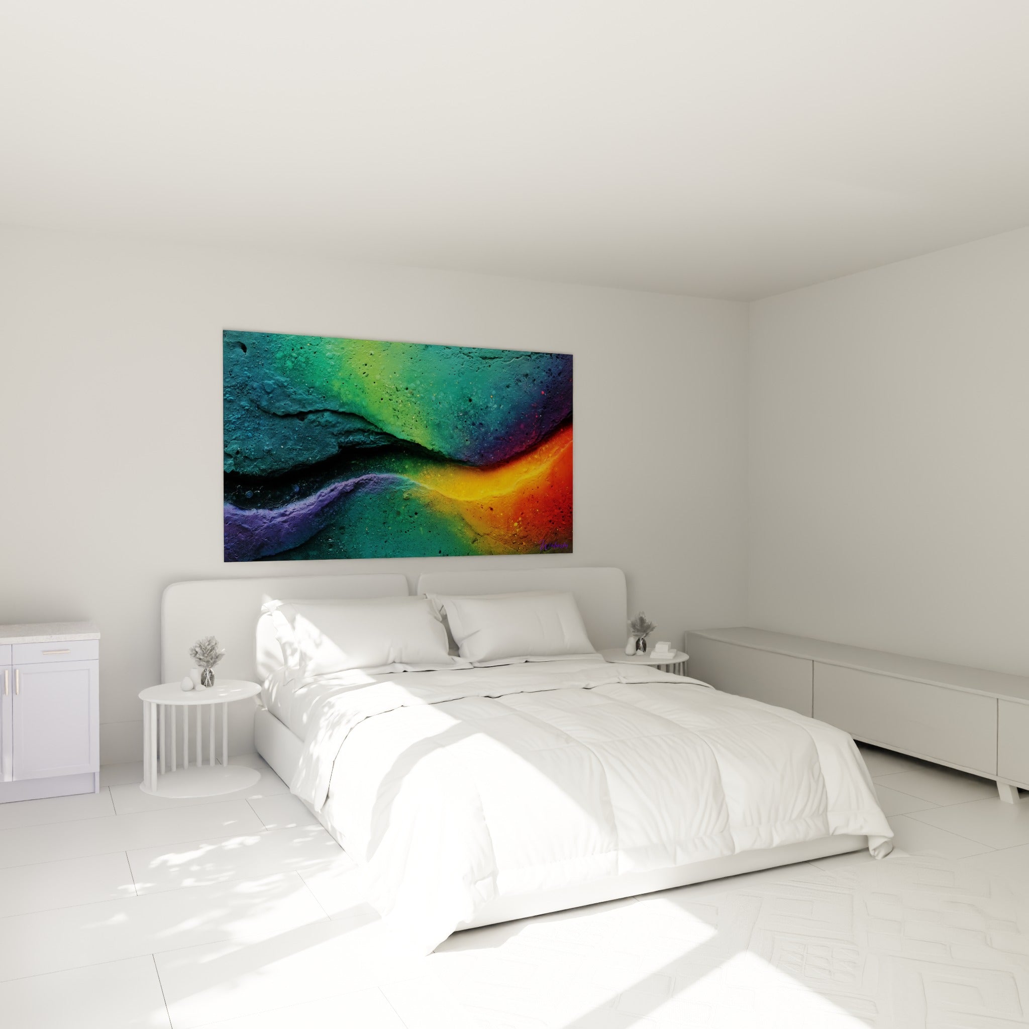 Diagonale dorée sur fond turquoise et anthracite, tableau Multicolore abstrait au-dessus d'un lit dans une chambre claire