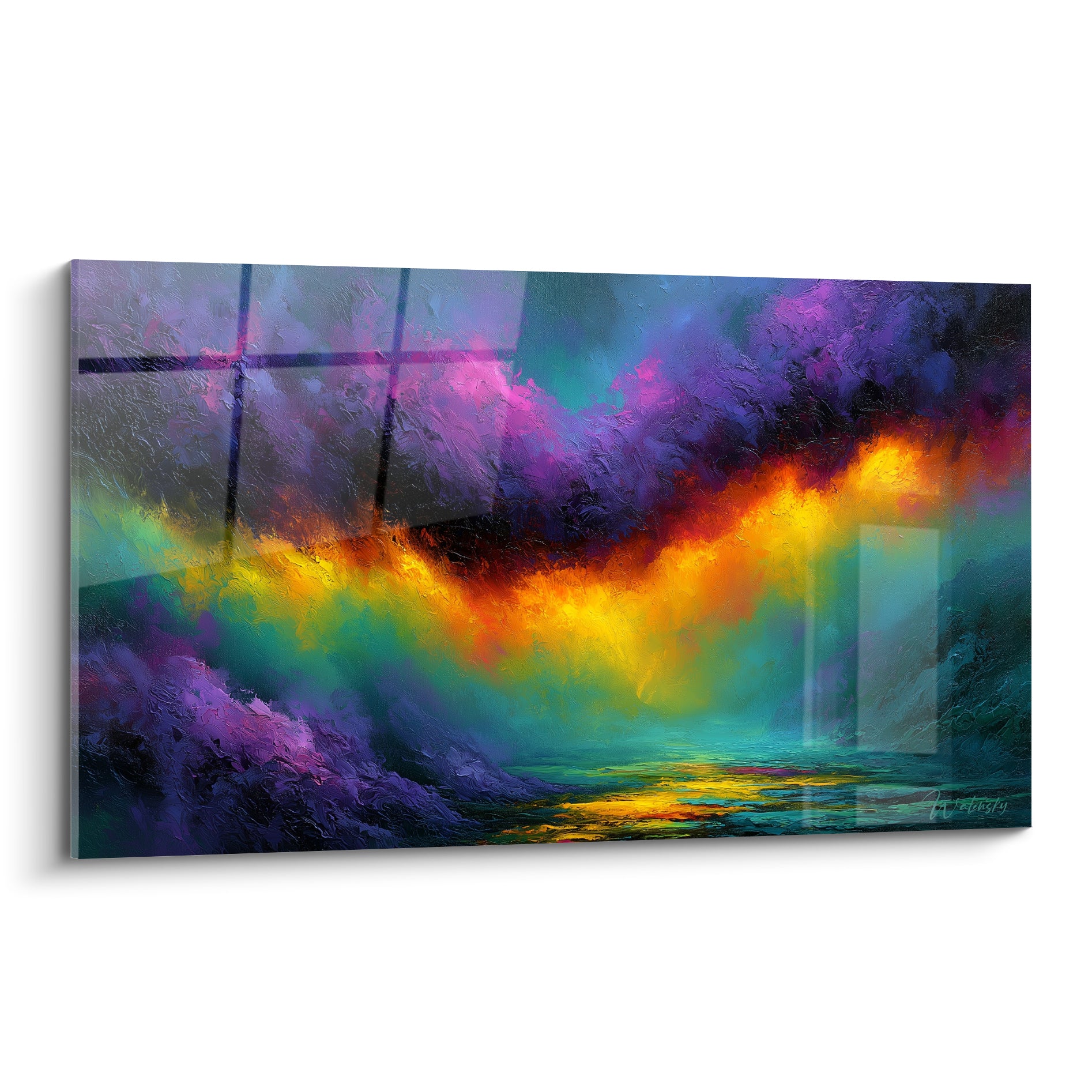Faille dorée traversant un fond violet et turquoise, peinture abstraite aux empâtements marqués