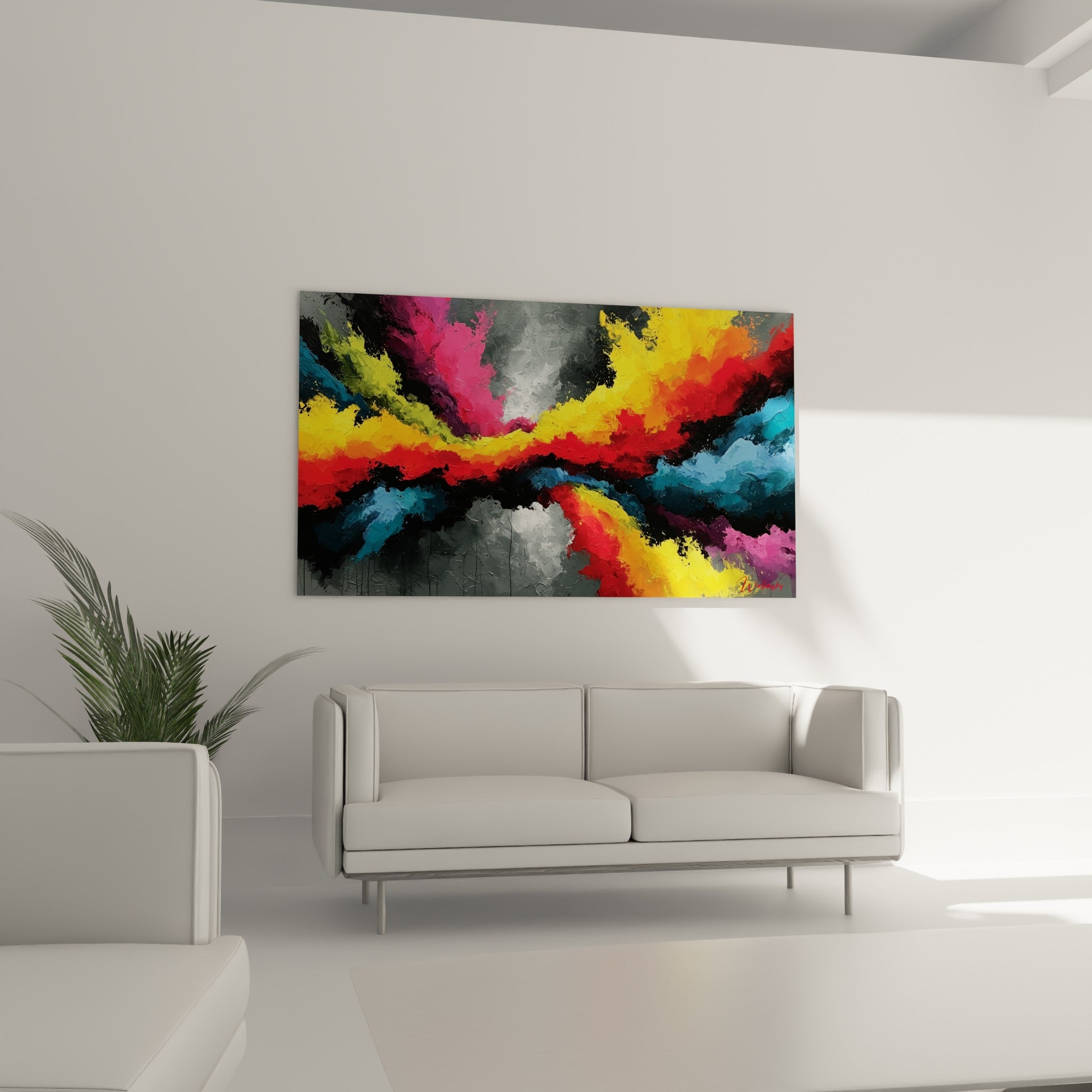 Fusion de jaune doré et de rose fuchsia sur toile anthracite, au-dessus d'un canapé dans un salon lumineux
