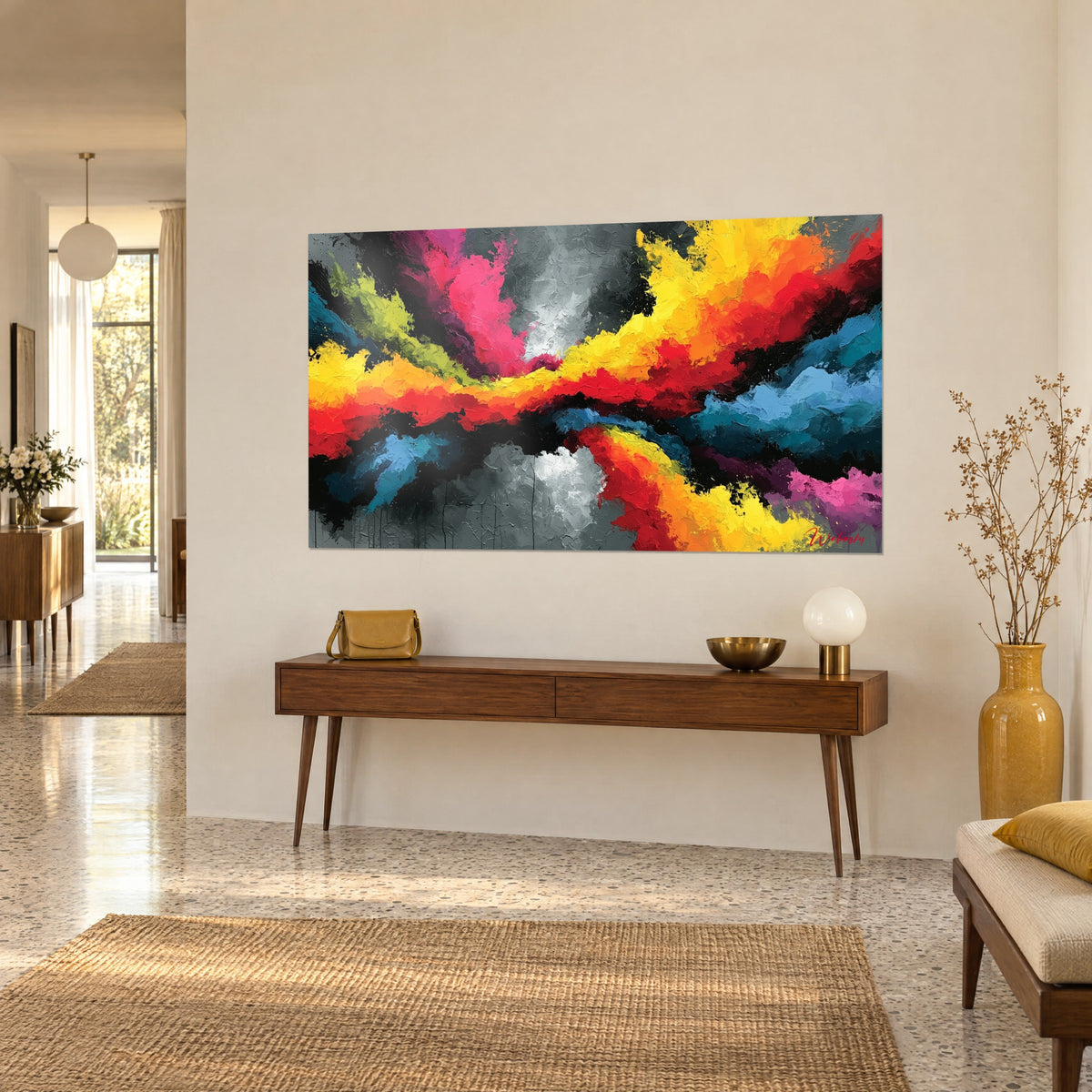 Quadro nuvola di pittura scarlatta e turchese a impasto spesso, su una parete beige sopra una console in legno