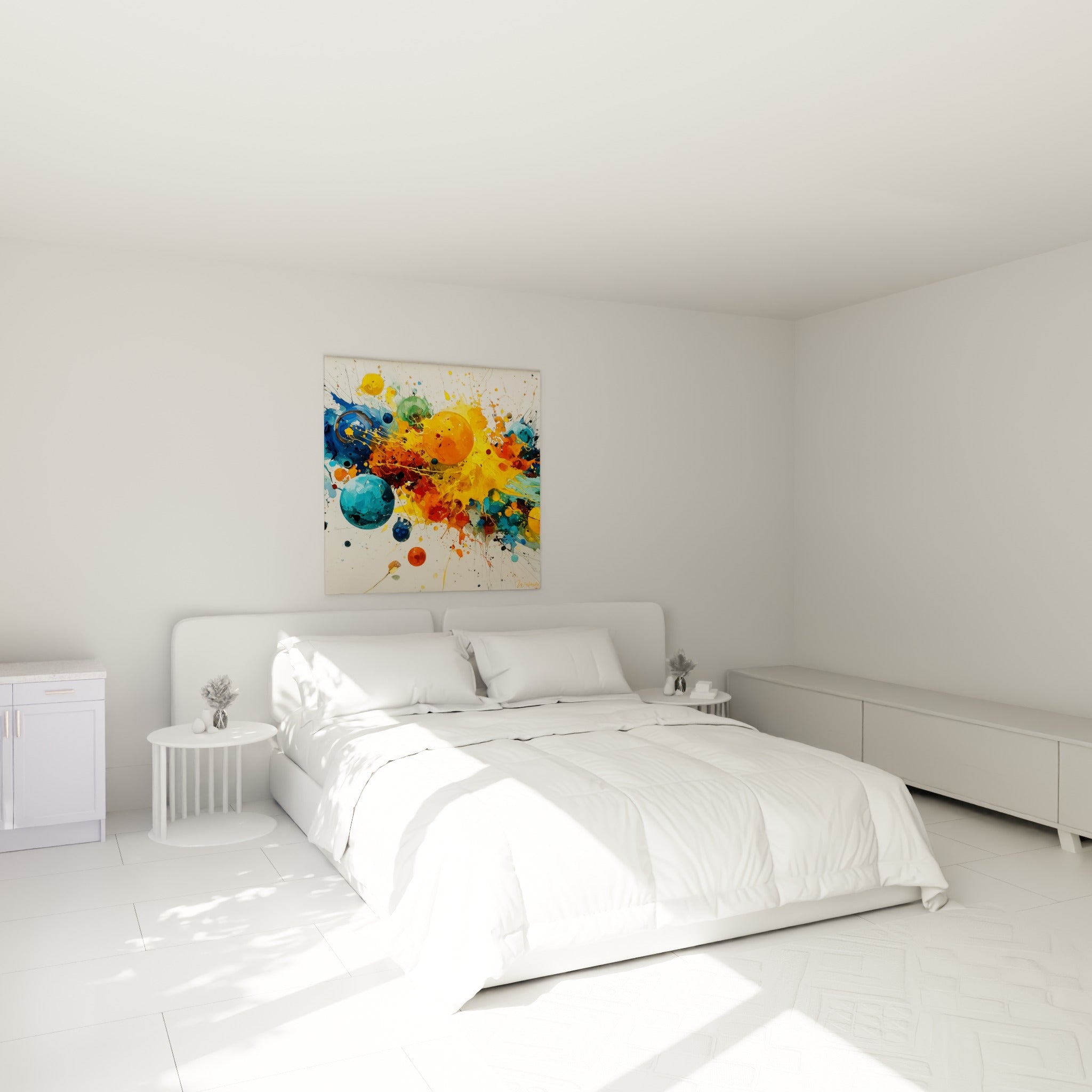 Explosion colorée orange et bleu de ce tableau multicolore abstrait au-dessus d'un lit dans une chambre claire