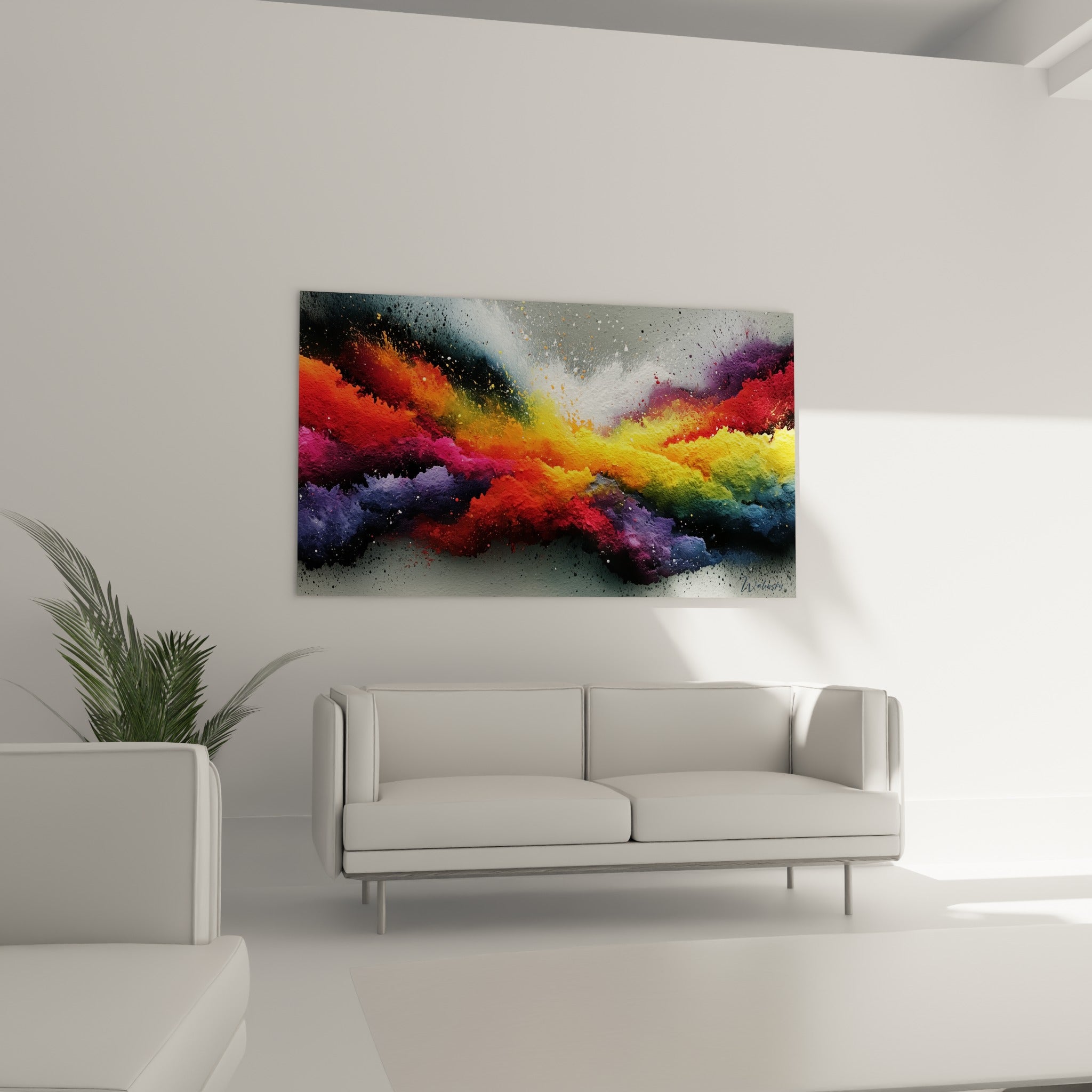 Éclaboussures jaune doré et pourpre du tableau multicolore abstrait au-dessus d'un canapé dans un salon lumineux