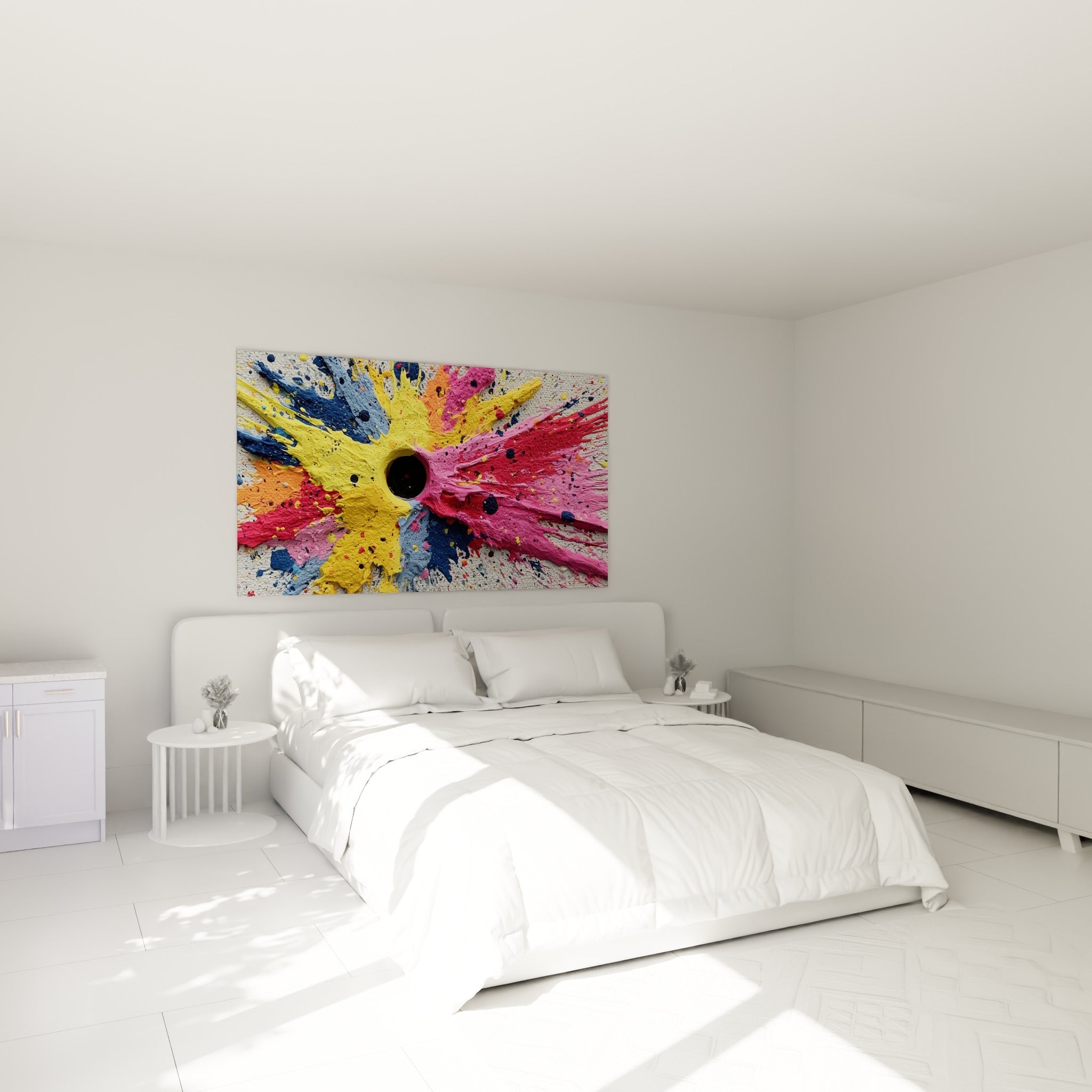 Éclaboussures jaune vif et bleu marine composant ce tableau au-dessus d'un lit dans une chambre claire