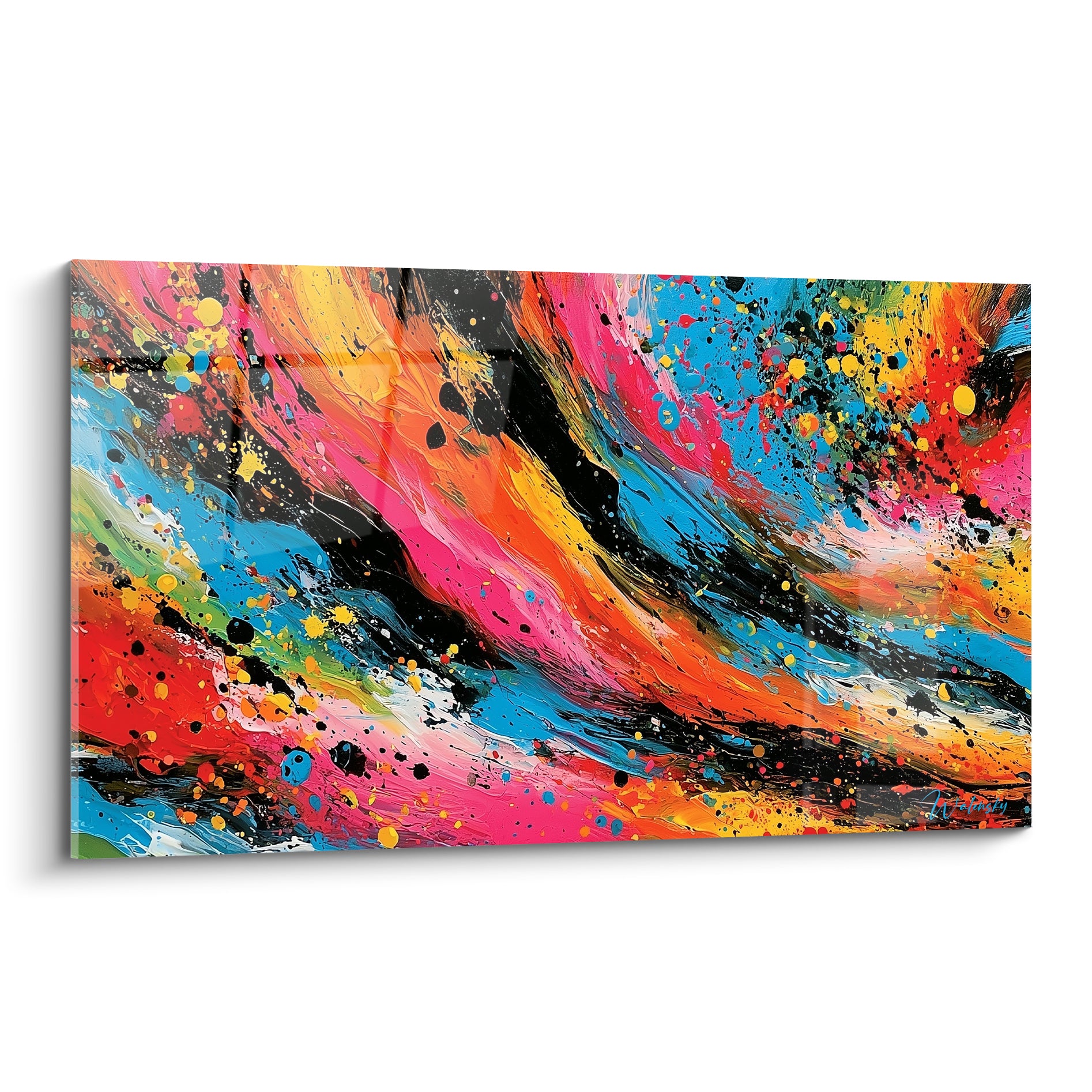 Éclaboussures multicolores en diagonale, rose fuchsia et bleu turquoise mêlés au noir sur toile