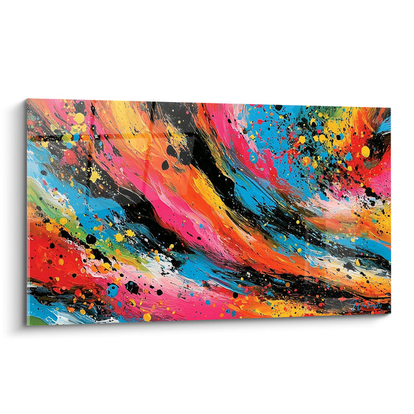 Tableau Vagues picturales rose et bleu éclaboussées de noir - Torrent chromatique diagonal - Edition Multicolore abstrait