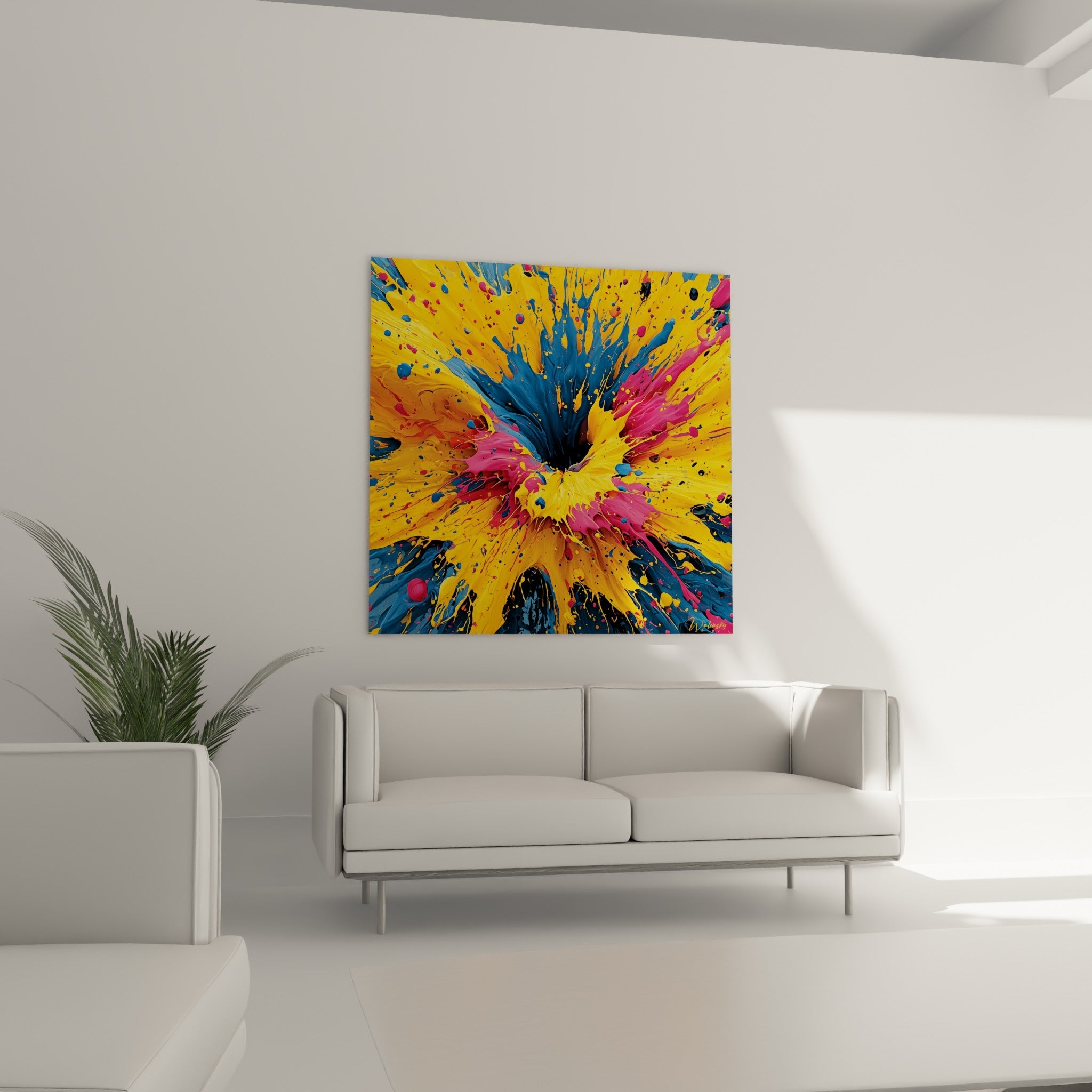 Éclaboussures fuchsia et jaune vif au-dessus d'un canapé dans un salon lumineux