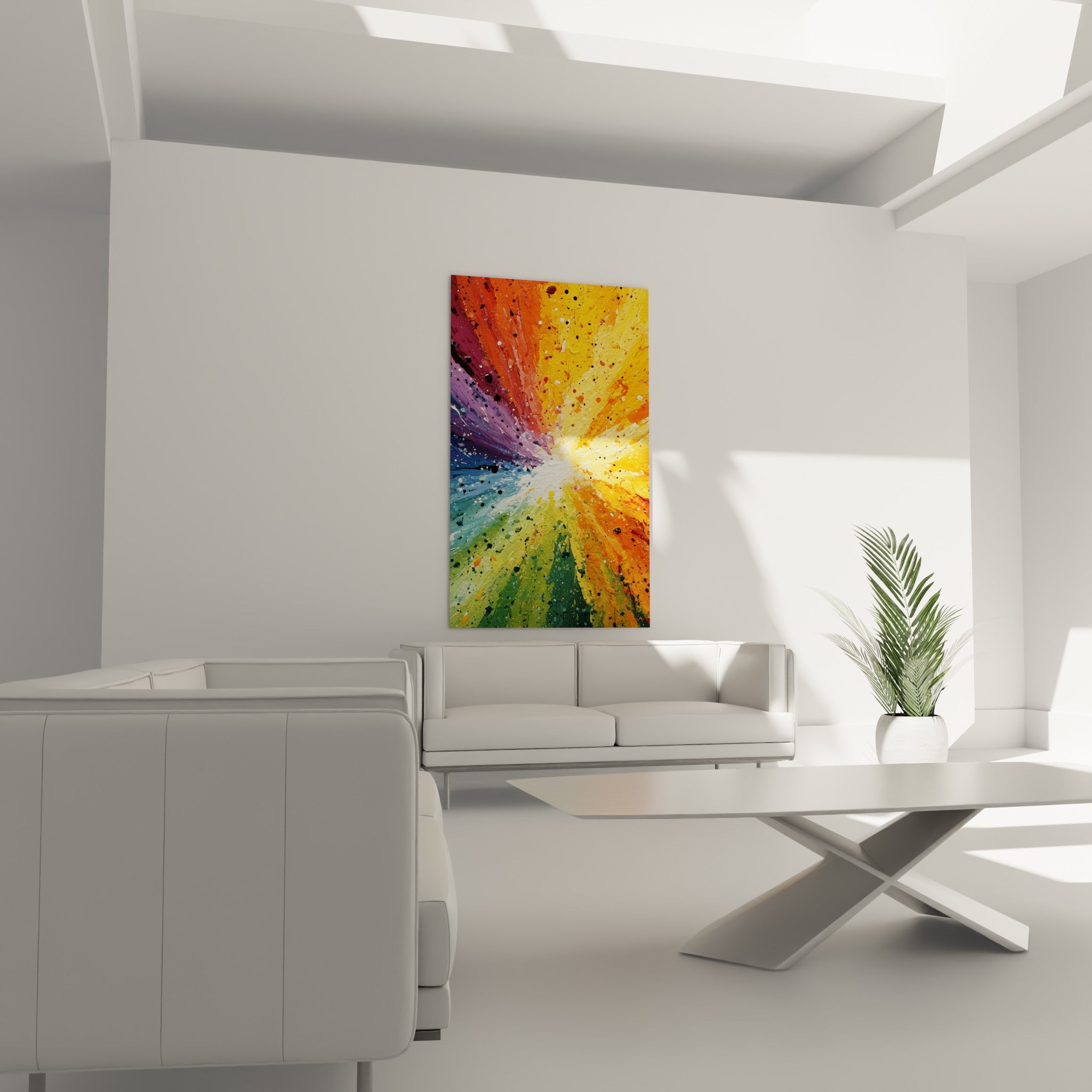 Toile abstraite aux tons dorés et turquoise vibrants, disposée au-dessus d'un canapé dans un salon lumineux