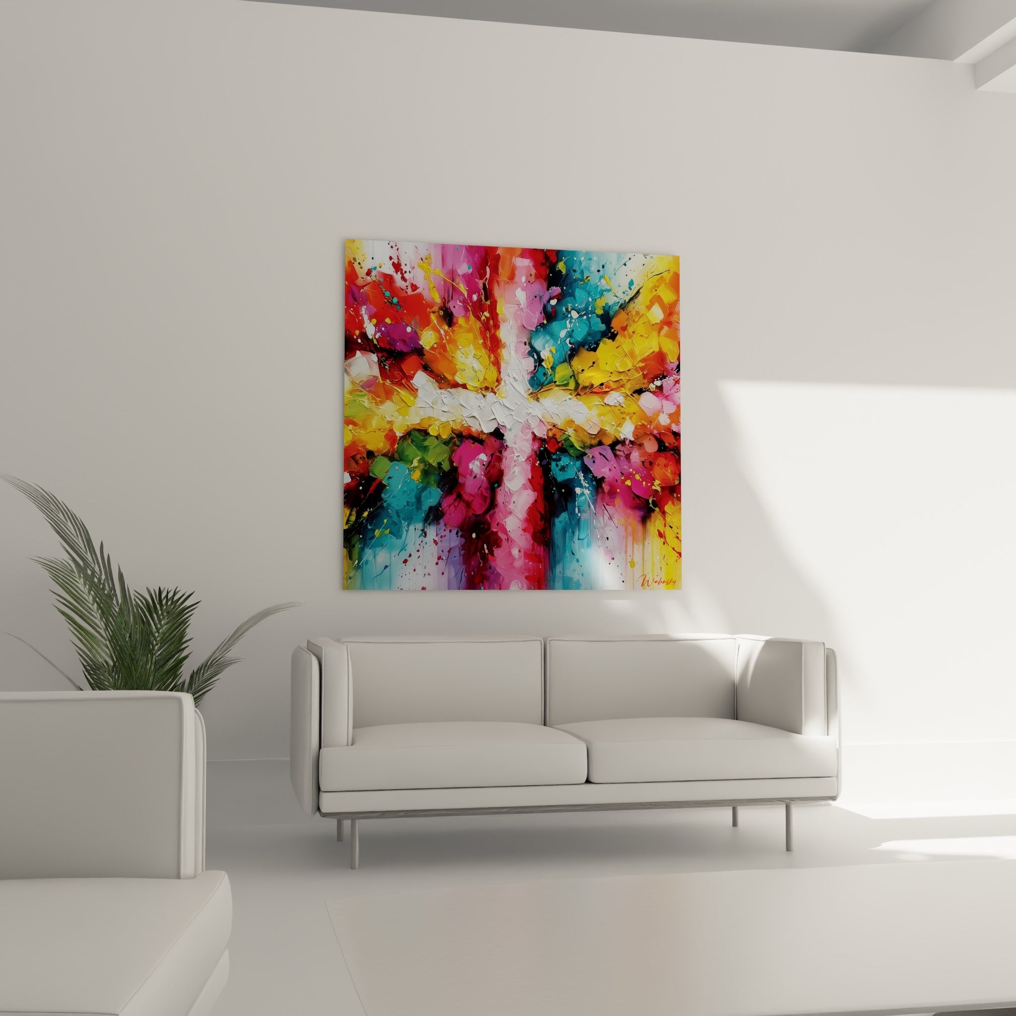 Explosion de teintes turquoise et fuchsia de cette œuvre abstraite au-dessus d'un canapé dans un salon lumineux