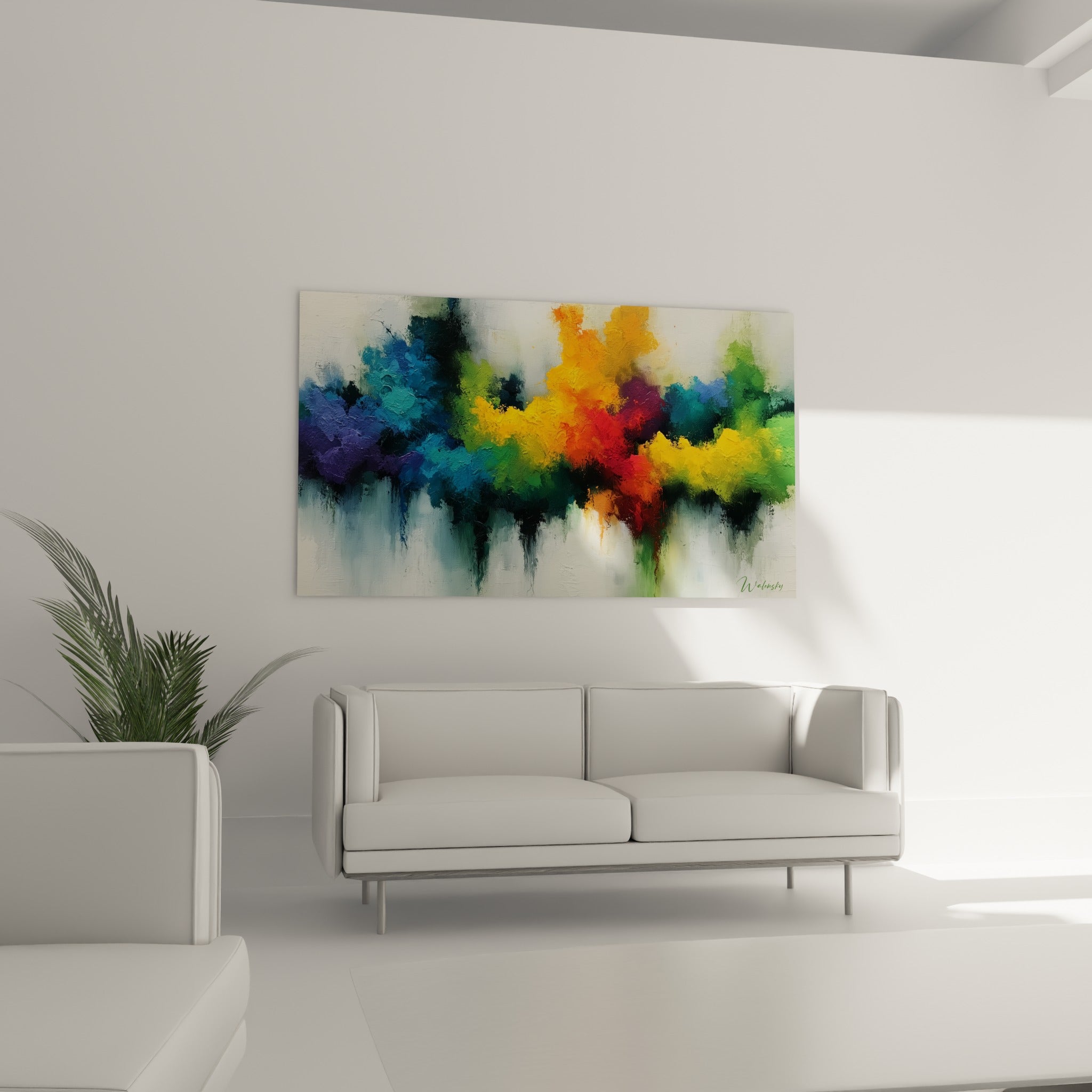Éclat de couleurs rouge, jaune et vert sauge du Multicolore abstrait, au-dessus d'un canapé dans un salon lumineux